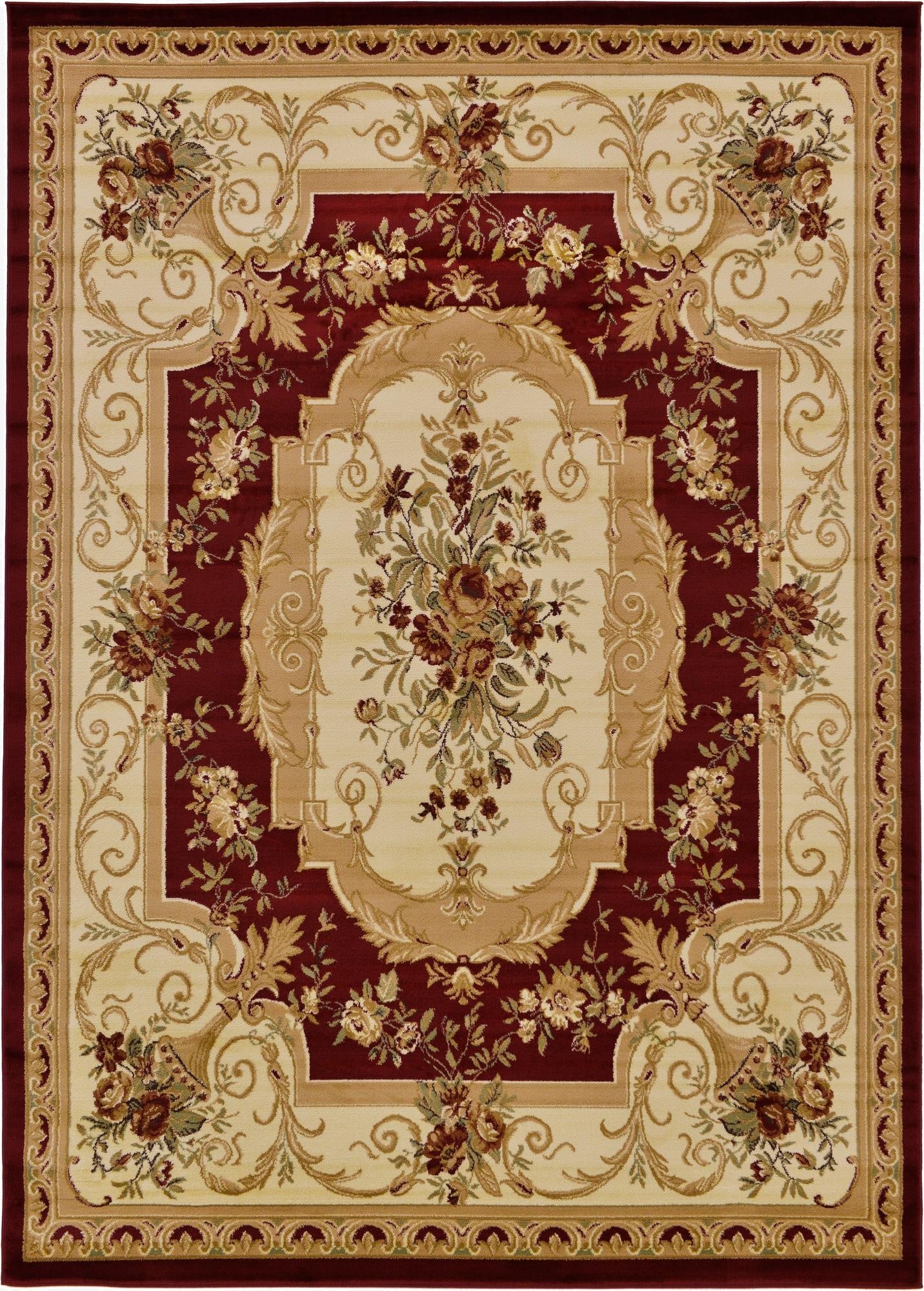 An 8x11 rectangular Chateau rug featuring a traditional red and cream botanical medallion pattern with intricate floral details.