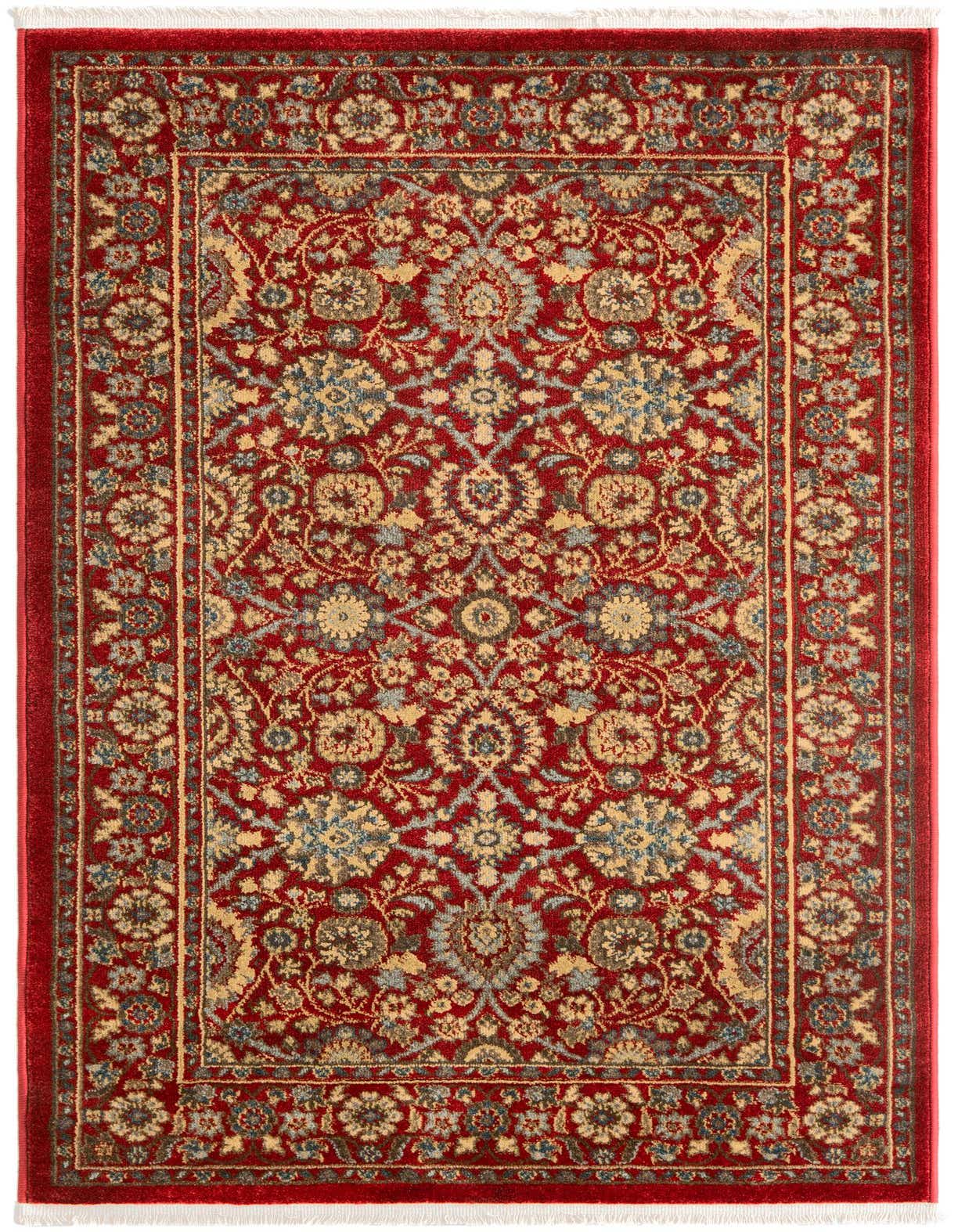 A 3x5 rectangular red area rug with a traditional floral pattern in gold, blue, and grey, featuring a medium pile and white fringe.