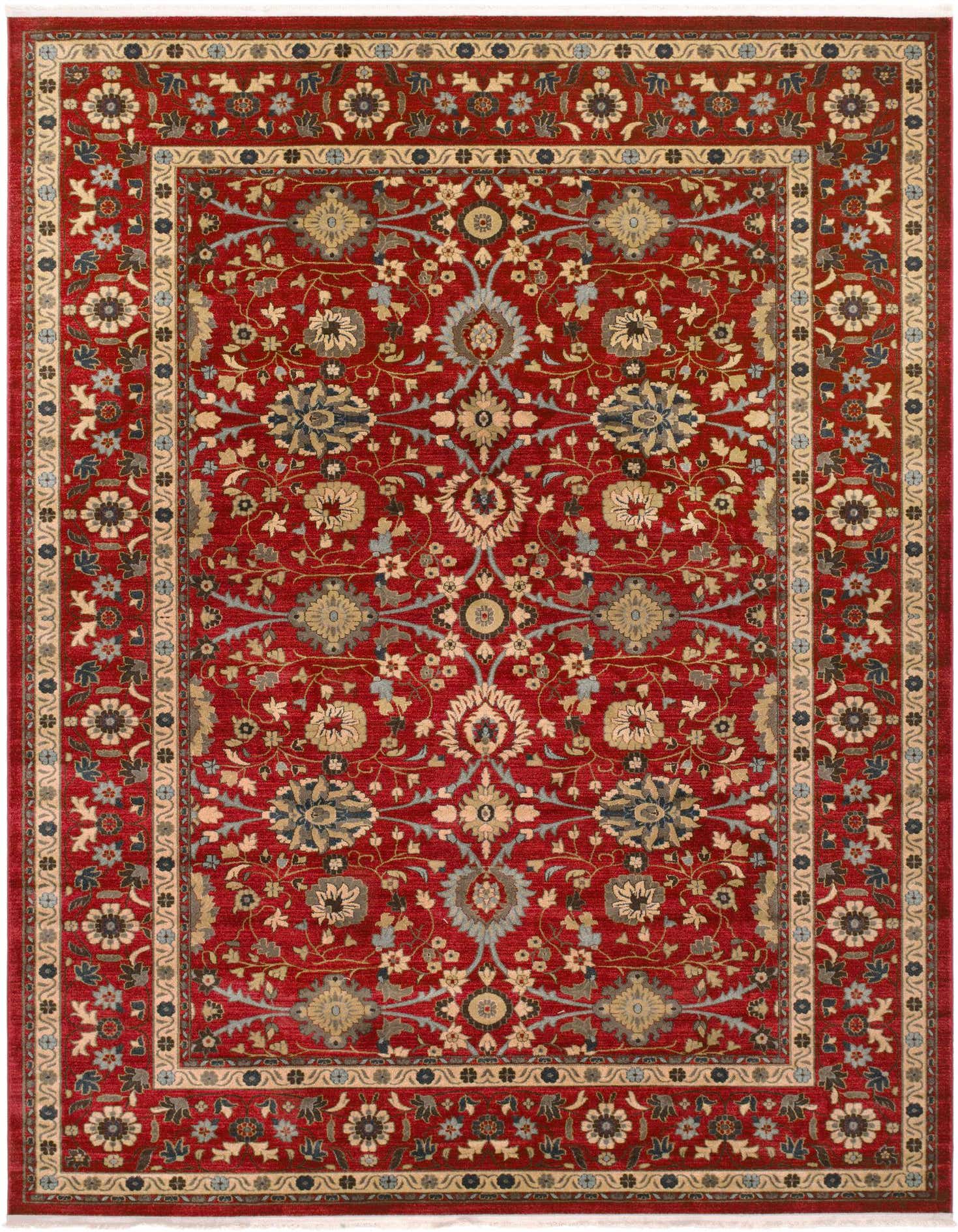 A 10x13 rectangular red area rug with a traditional floral pattern and a detailed border, suitable for a living room.