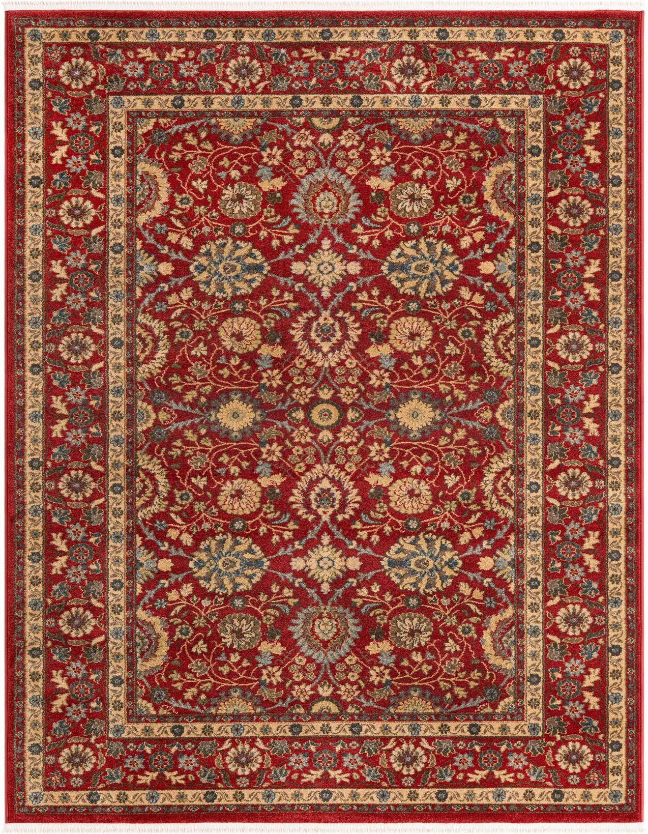 A 5x8 rectangular red area rug with a traditional floral medallion pattern and a beige border, perfect for a living room.