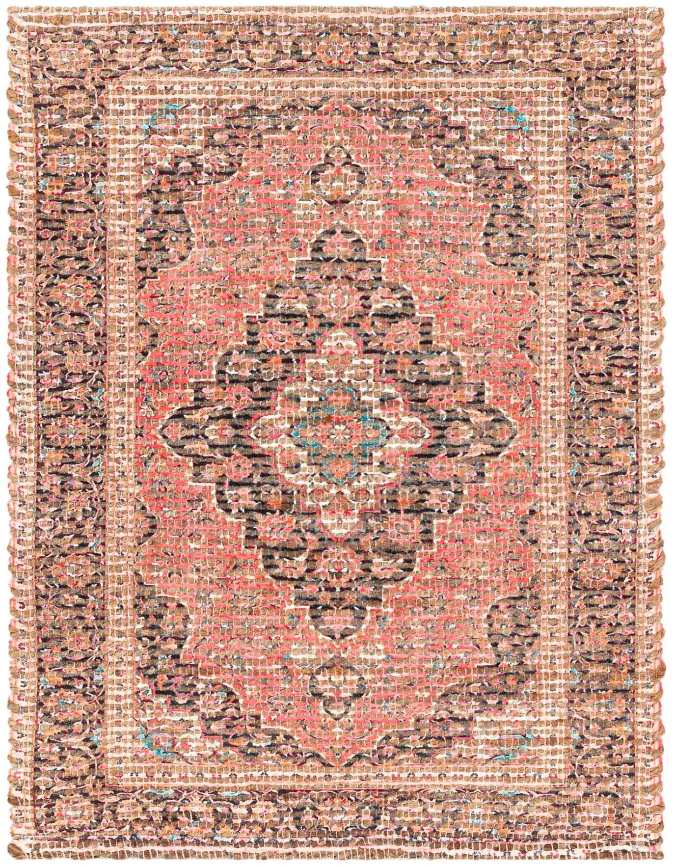 A 2x3 rectangular Chenille Jute rug in reds with an Oriental medallion pattern, suitable for an entryway.