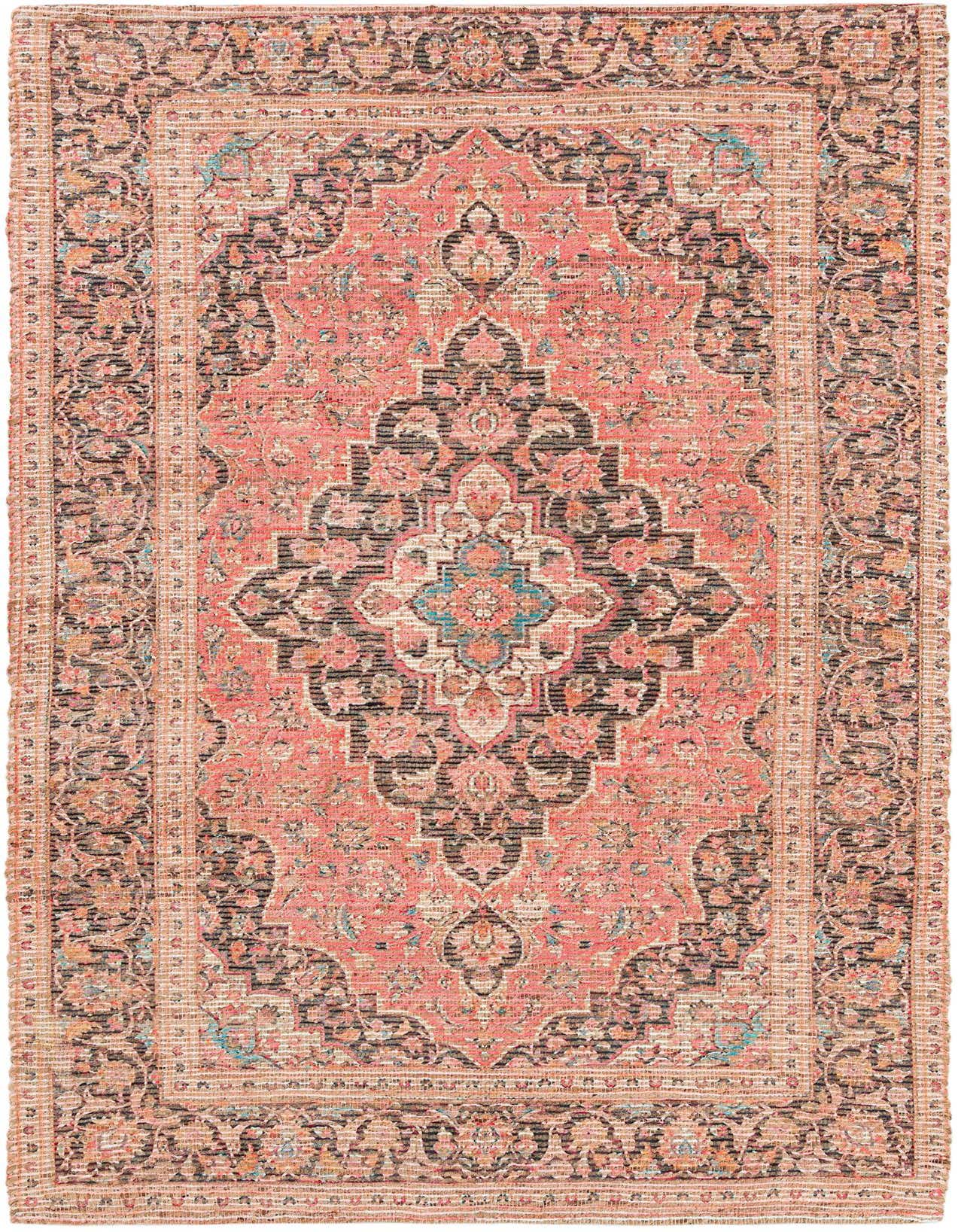 A 5x8 rectangular red Oriental rug with a detailed black and blue medallion pattern, suitable for a living room.