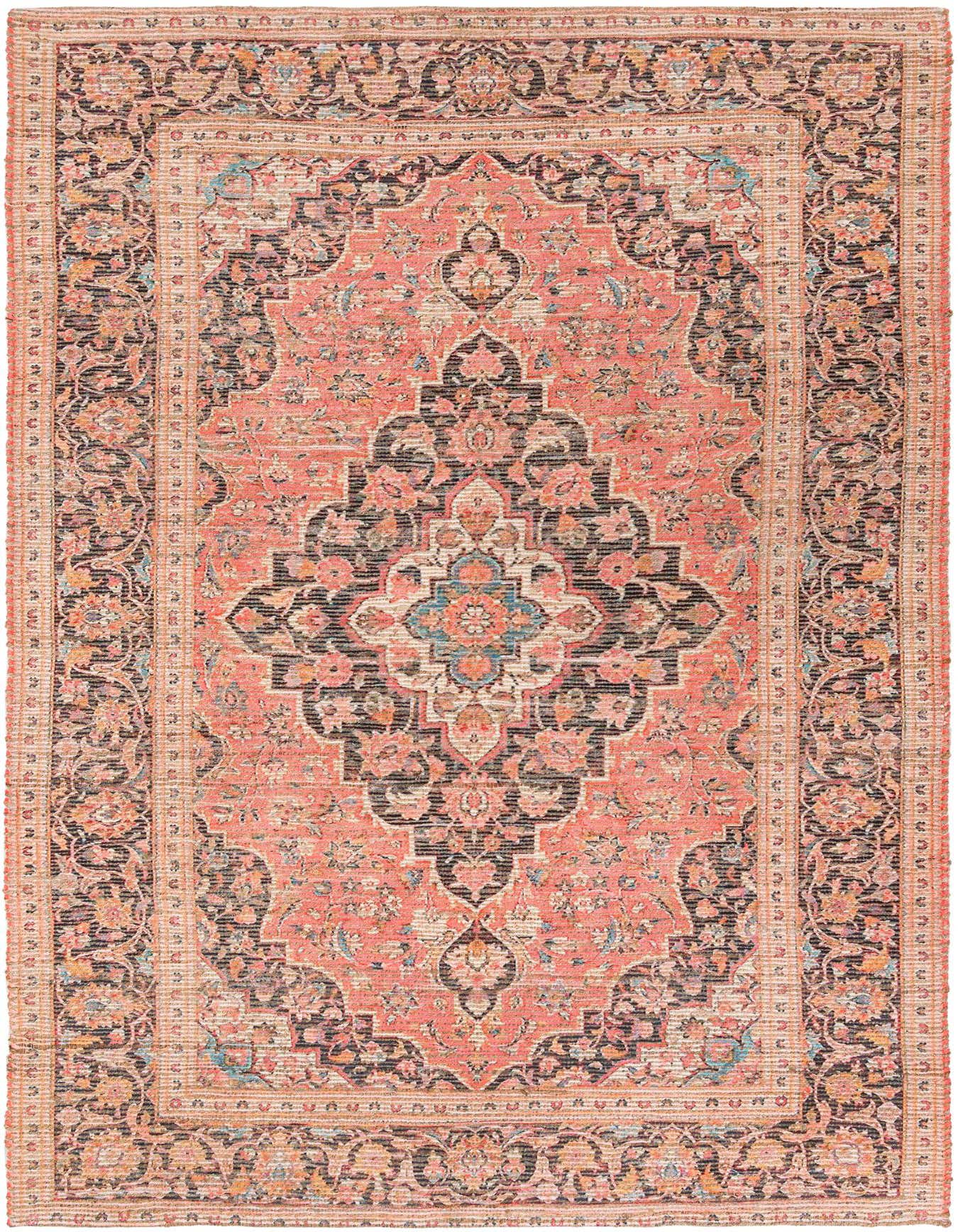 A 6x9 rectangular red Chenille & Jute rug with a distressed medallion pattern and ornate border.