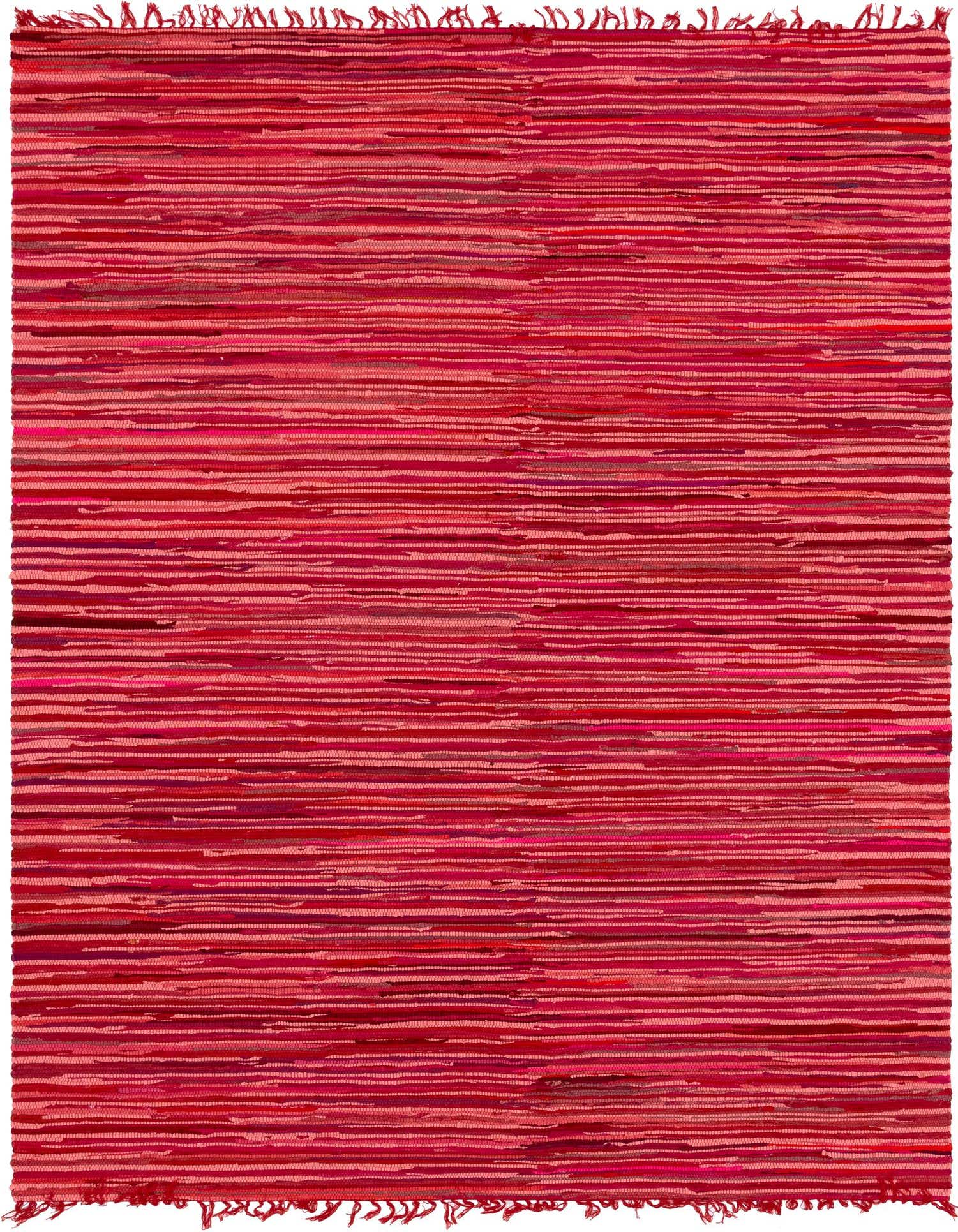 A vibrant 8x10 rectangular Chindi Cotton rug in various shades of red, featuring a textured flatweave stripe pattern.