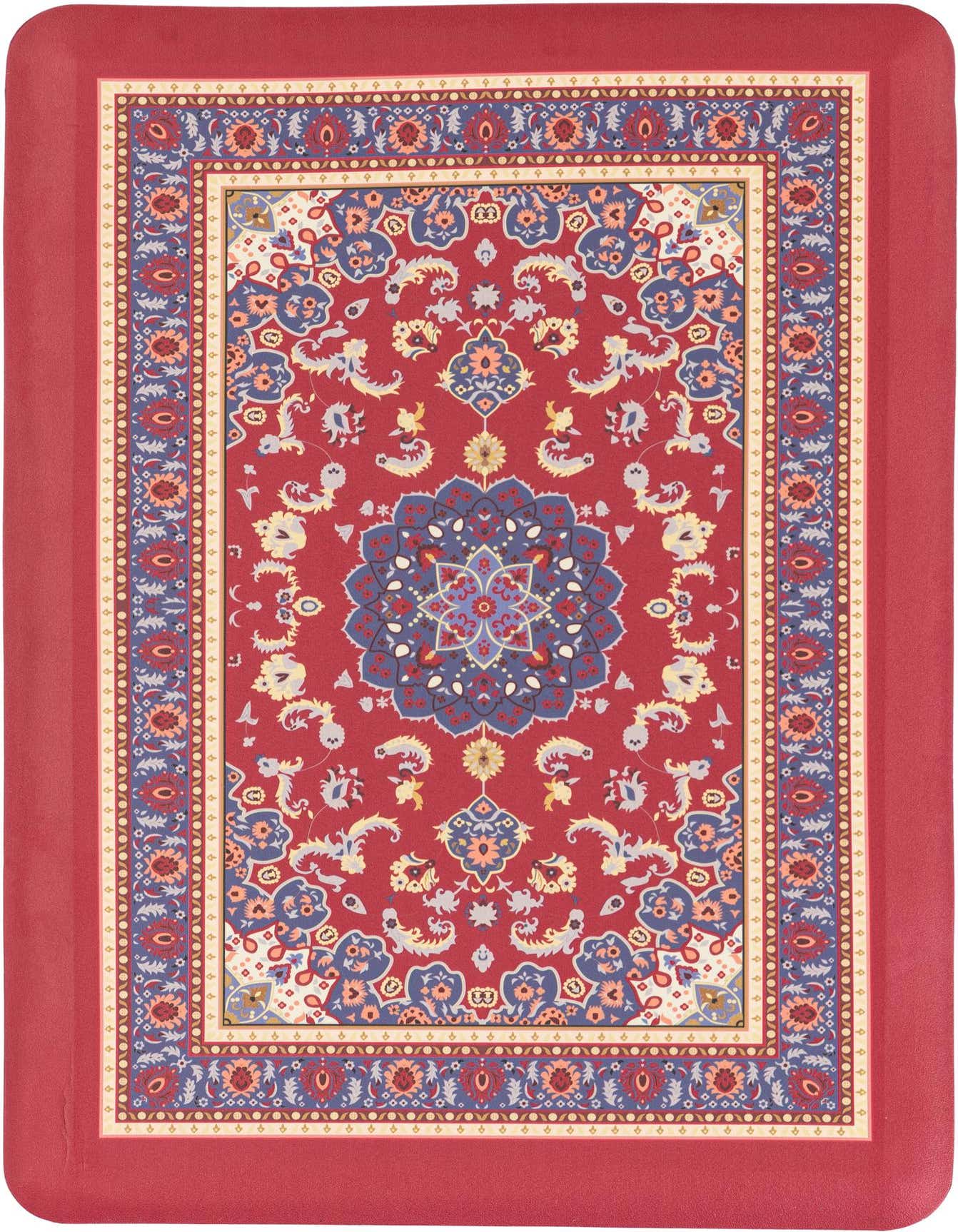 A 2x3 rectangular red Comfort Mat rug with a traditional Oriental medallion pattern in blue, yellow, and cream.