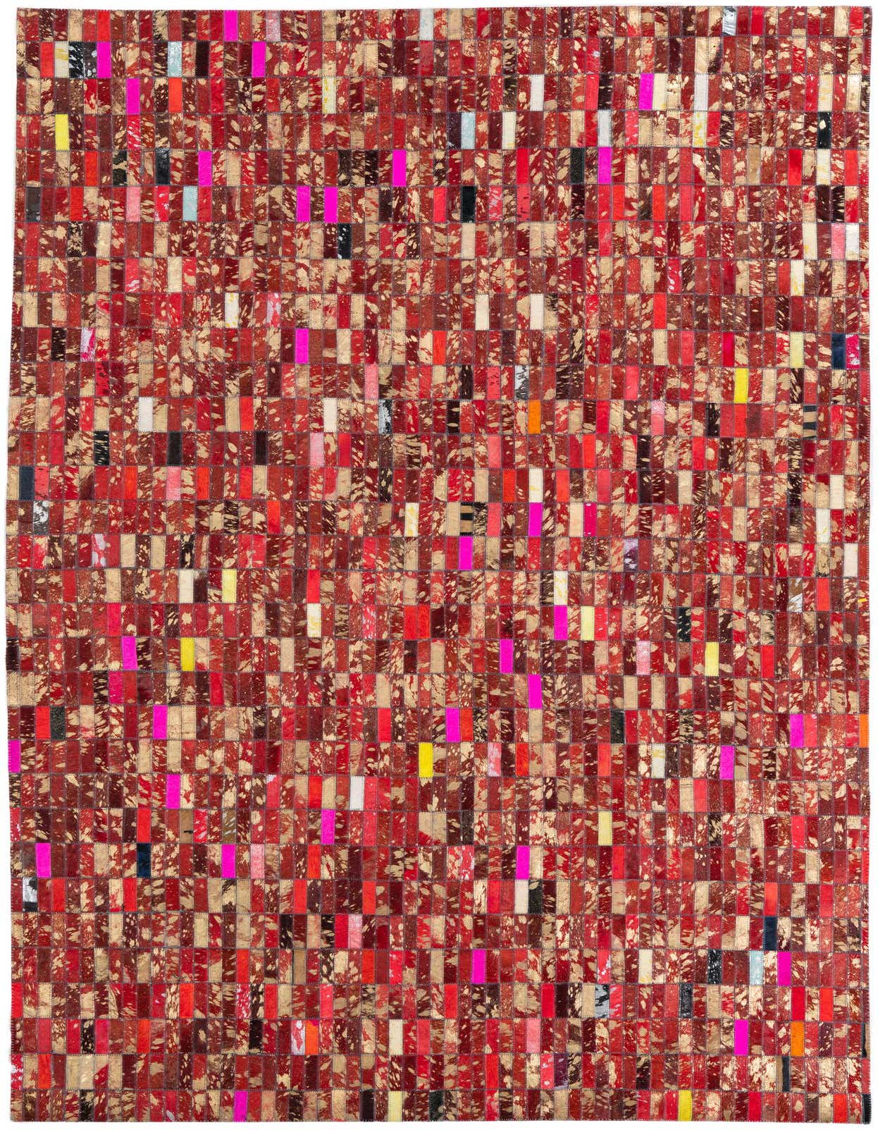 A 5x8 rectangular Cowhide Leather rug featuring a modern, abstract patchwork of reds, pinks, and natural hide.
