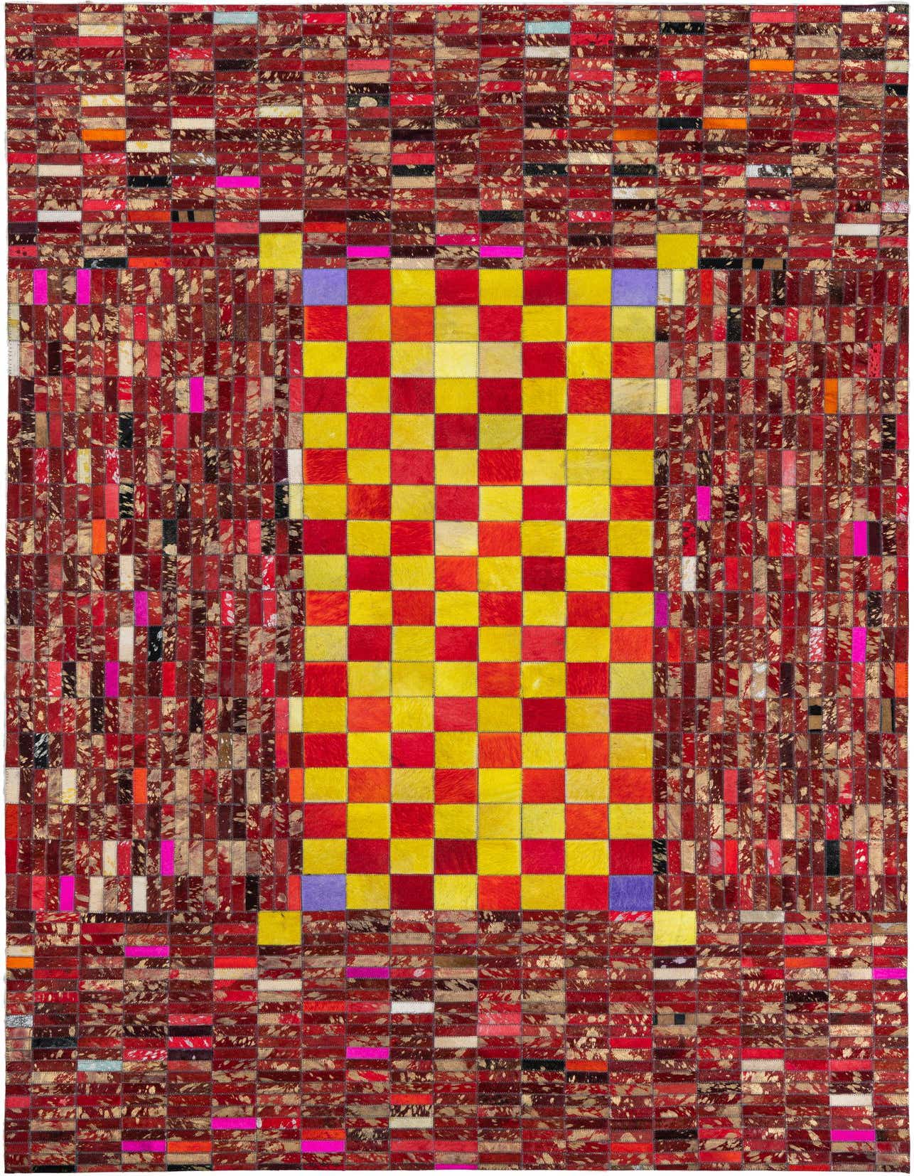 A 5x8 rectangular Cowhide Leather rug featuring a central yellow and red checkerboard pattern, framed by a border of red and brown patchwork leather strips.