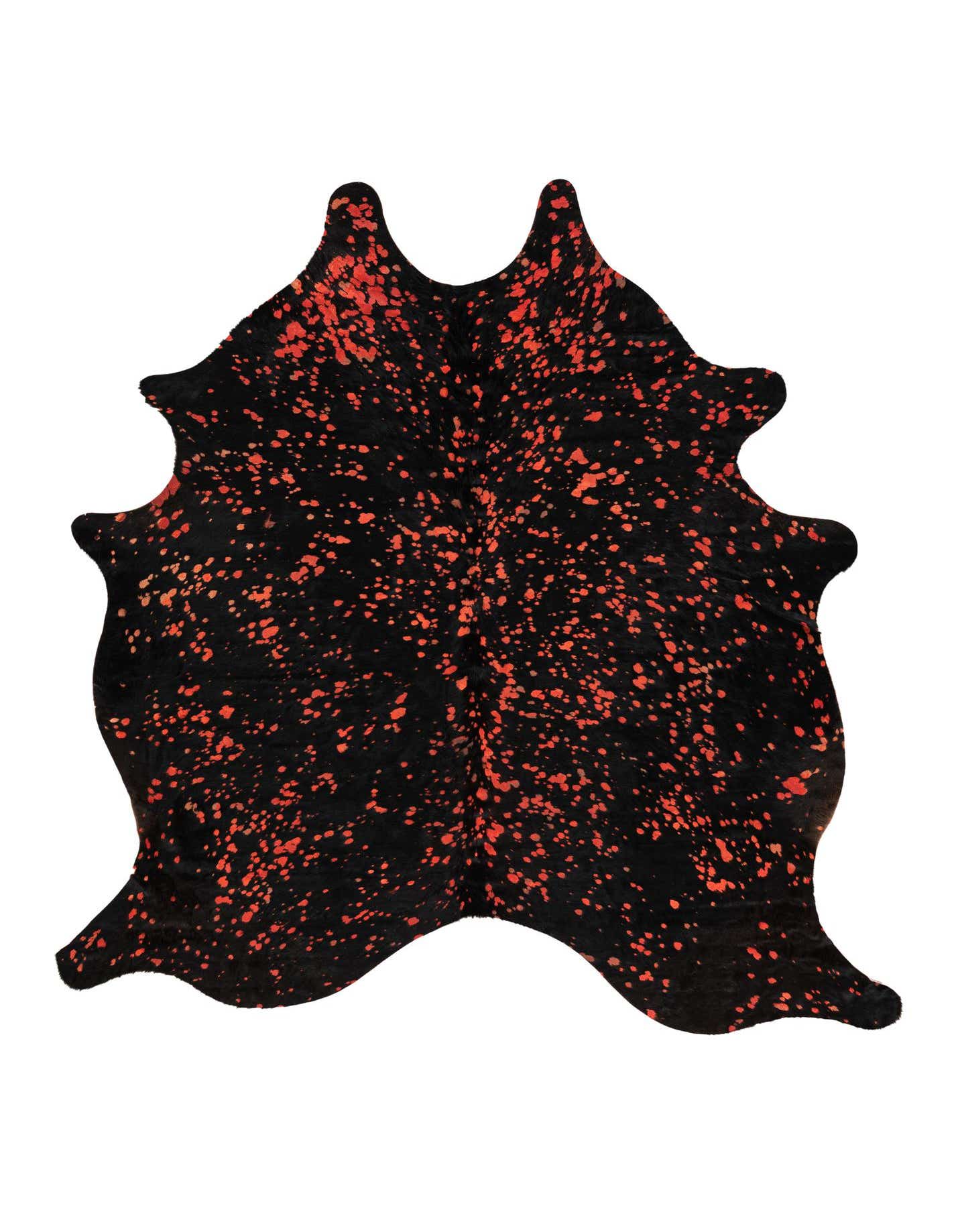 A 5x8 rectangular cowhide rug with a black base and vibrant red splatter paint pattern, showcasing its unique modern style.
