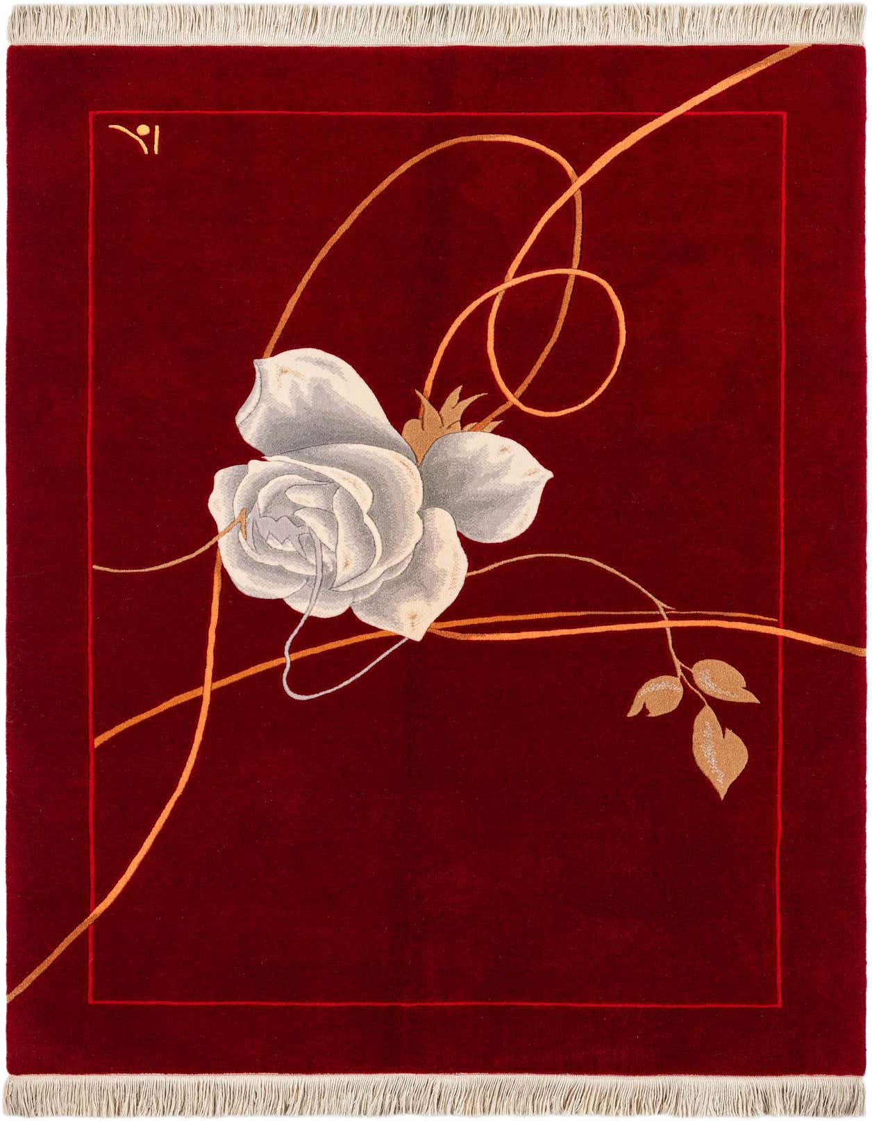 A 4x6 rectangular red rug with a large white rose and gold swirling lines, perfect for a living room.