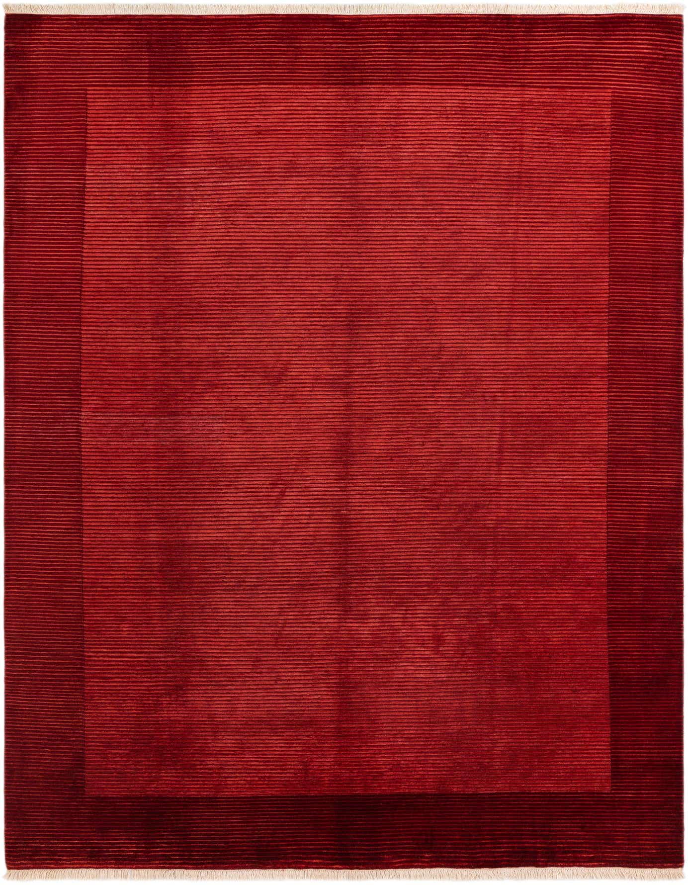 A rectangular 8x11 Darya collection rug in deep red, featuring a subtle modern striped pattern and a darker red border.