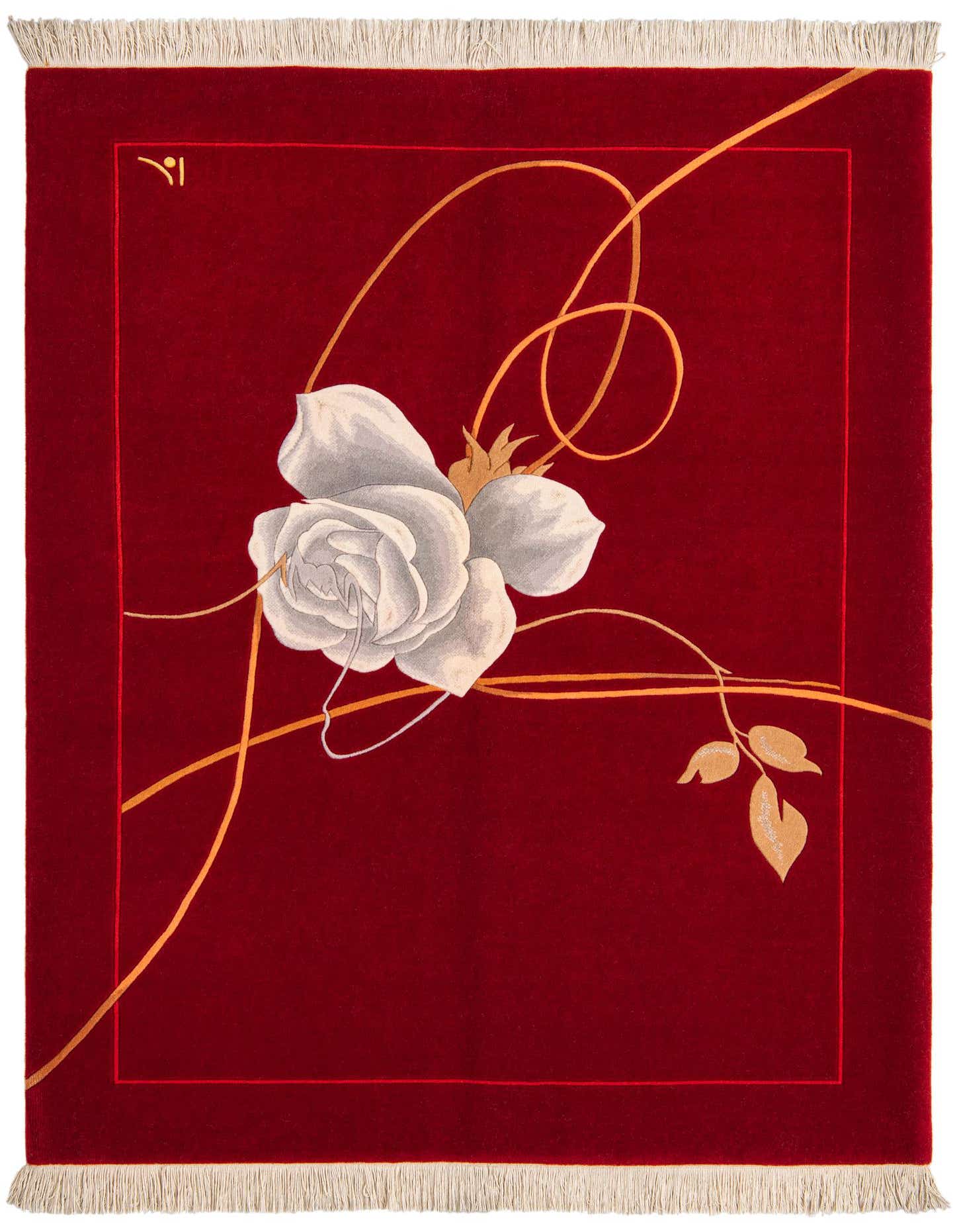A 4x6 rectangular red wool rug with a large white rose and gold swirling vines, perfect for a living room.
