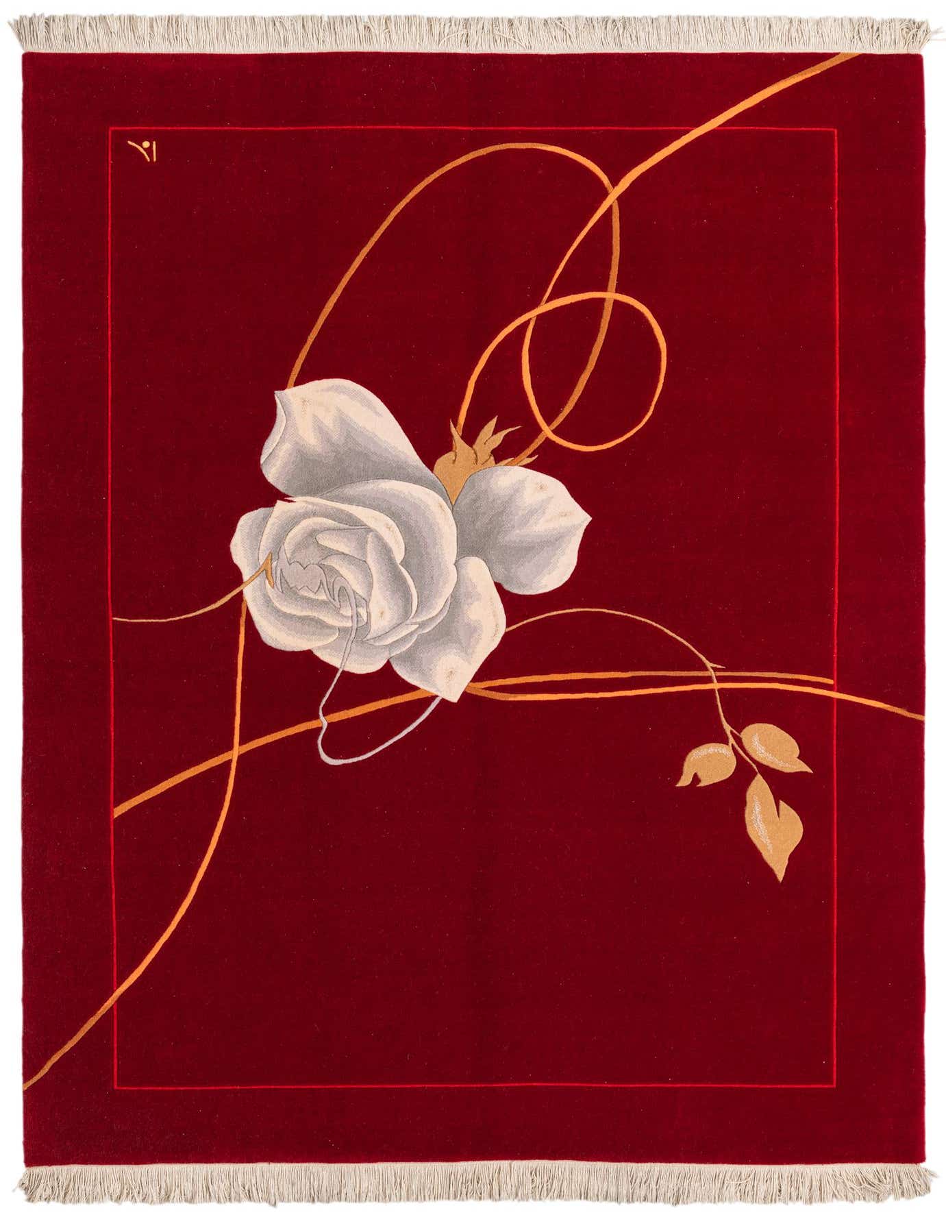 A 5x8 rectangular Darya rug in deep red, featuring a large white rose and gold swirling vines with leaves.