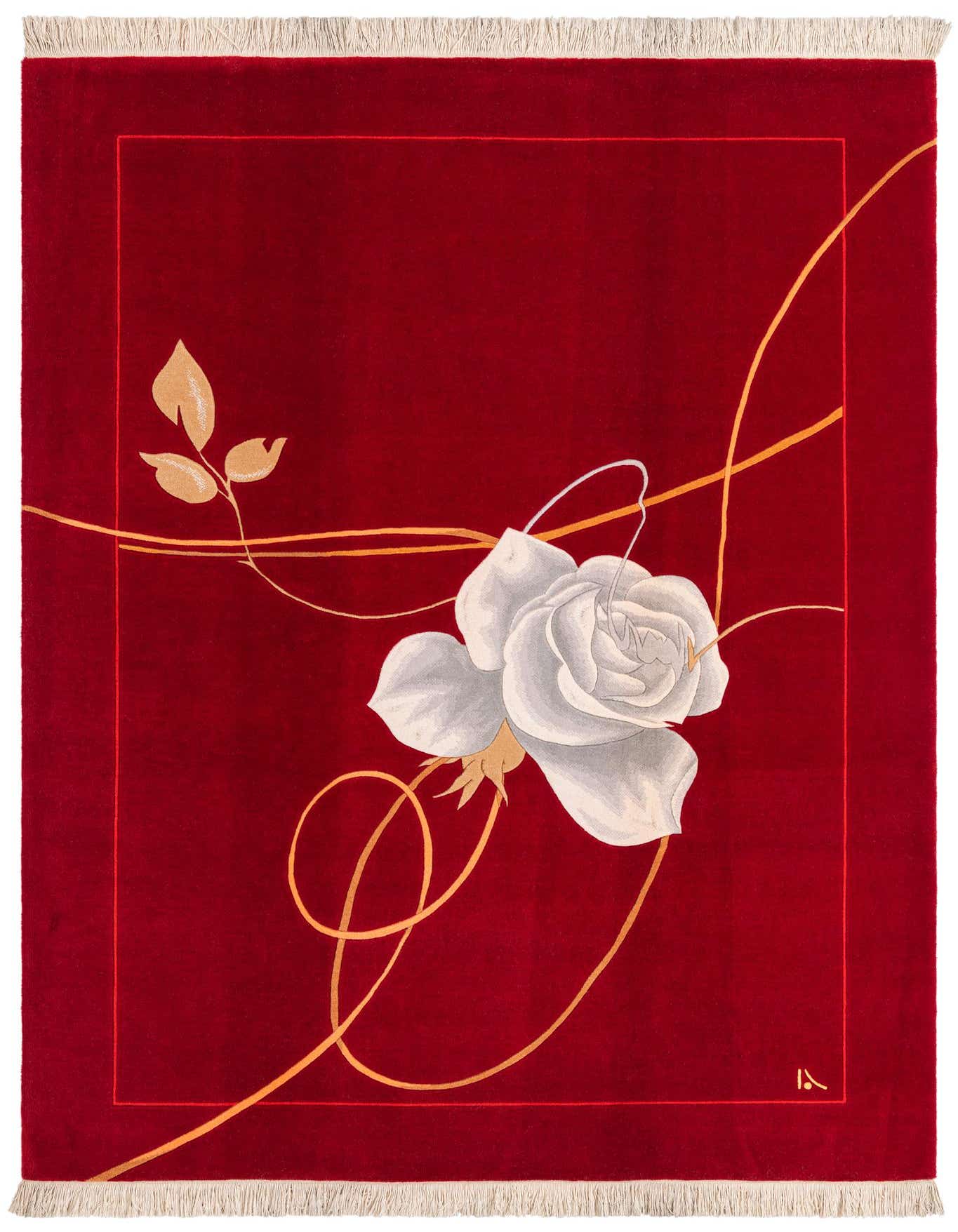 A 5x8 rectangular red wool rug with a large white rose and golden swirling vines, suitable for a living room.