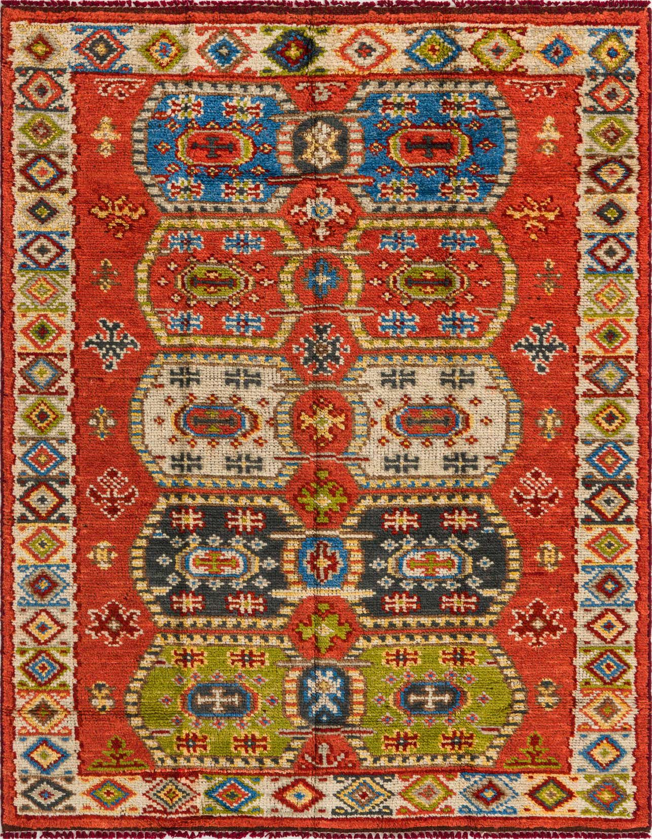A 4x6 rectangular Darya rug with a vibrant red background and a modern pattern featuring blue, green, and cream geometric shapes and motifs.