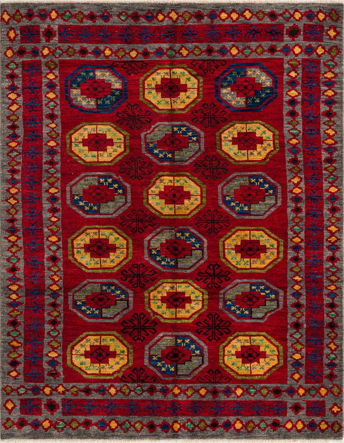 A 5x8 rectangular Darya rug with a vibrant red field, featuring a repeating pattern of octagonal medallions in blue, yellow, and gray, bordered by a gray frame with small colorful geometric shapes.