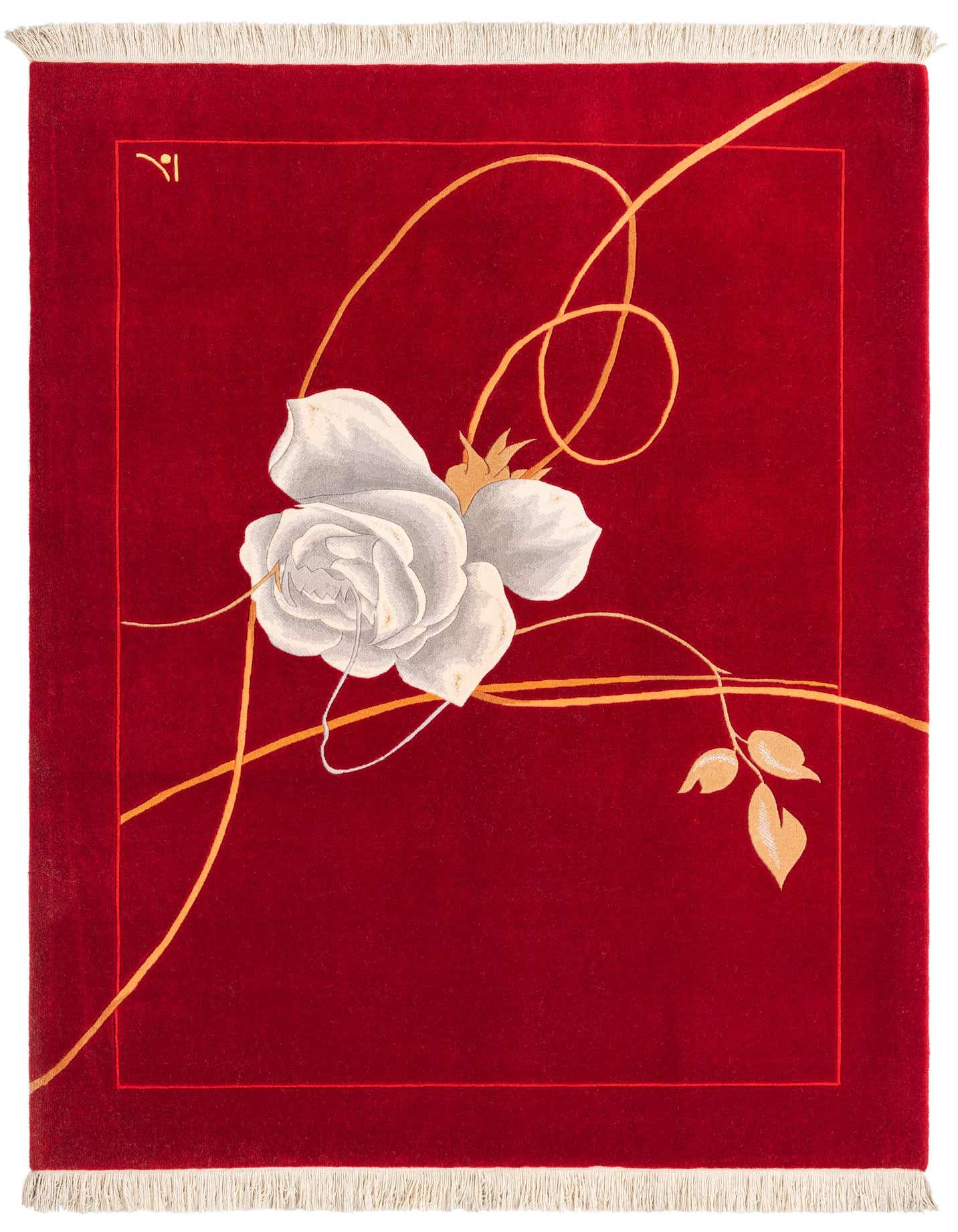 A 5x8 rectangular red wool rug with a large white rose and golden swirling vines, featuring a high pile.