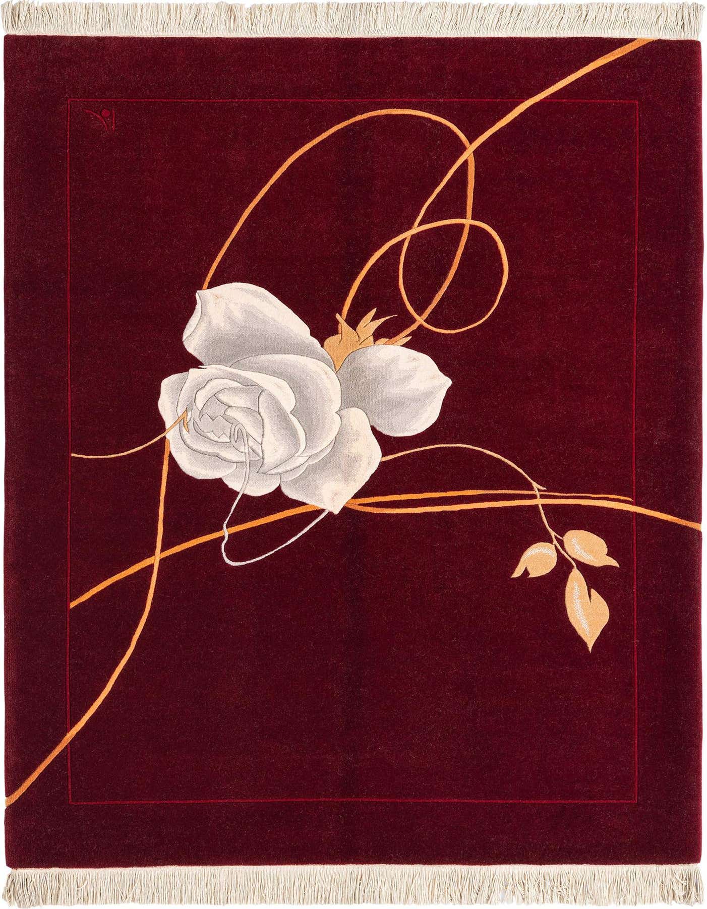 A 4x6 rectangular Darya rug in deep red, featuring a large white rose and golden swirling lines, with white fringe.