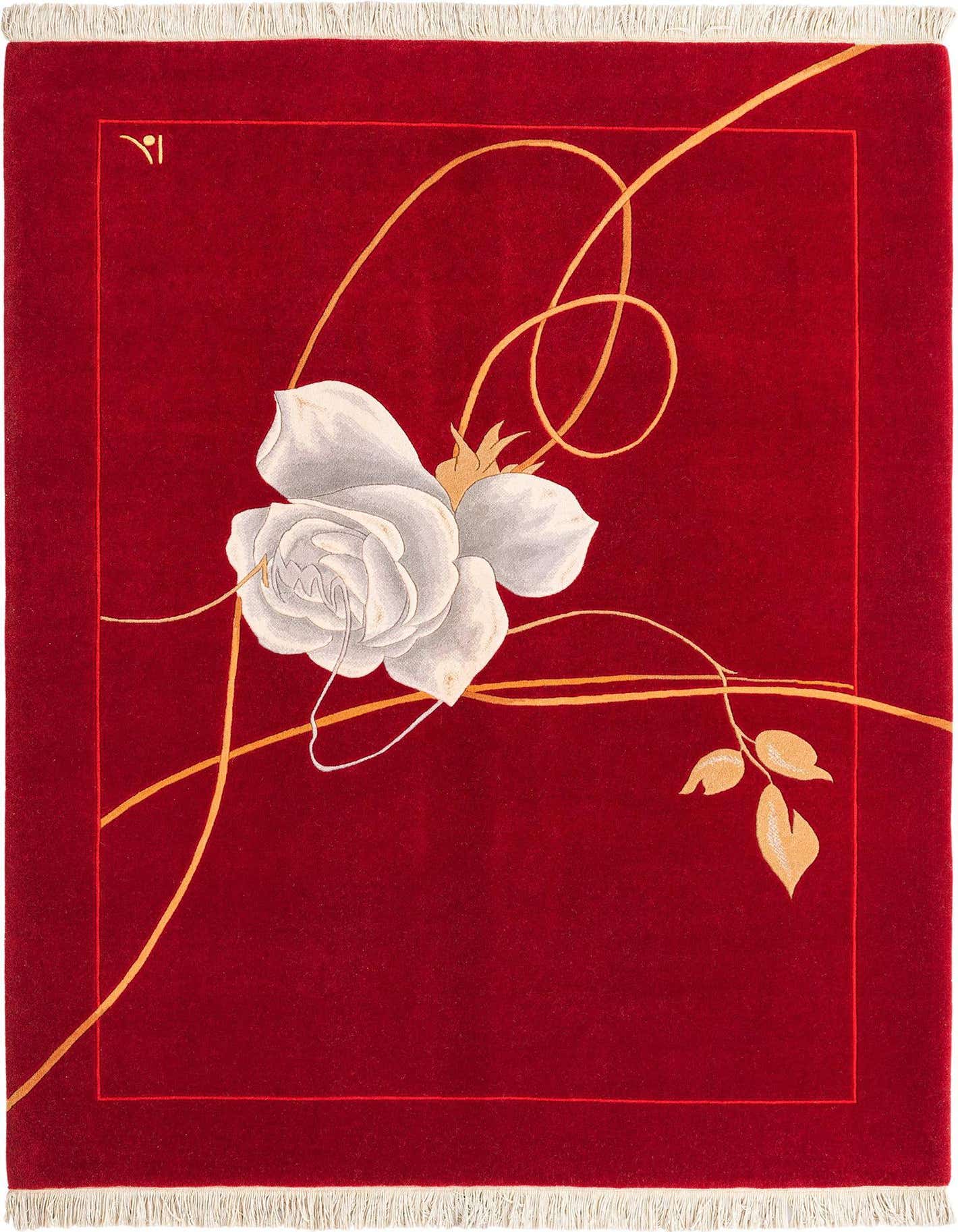 A 4x6 rectangular red rug with a large white rose and gold swirling vines, perfect for a living room.