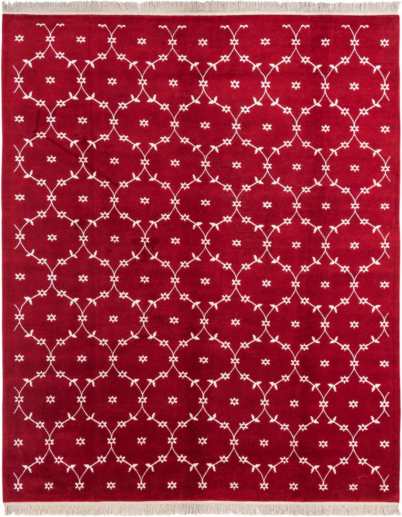 A rectangular 8x11 Darya rug in deep red with a repeating white modern oriental pattern and fringe.