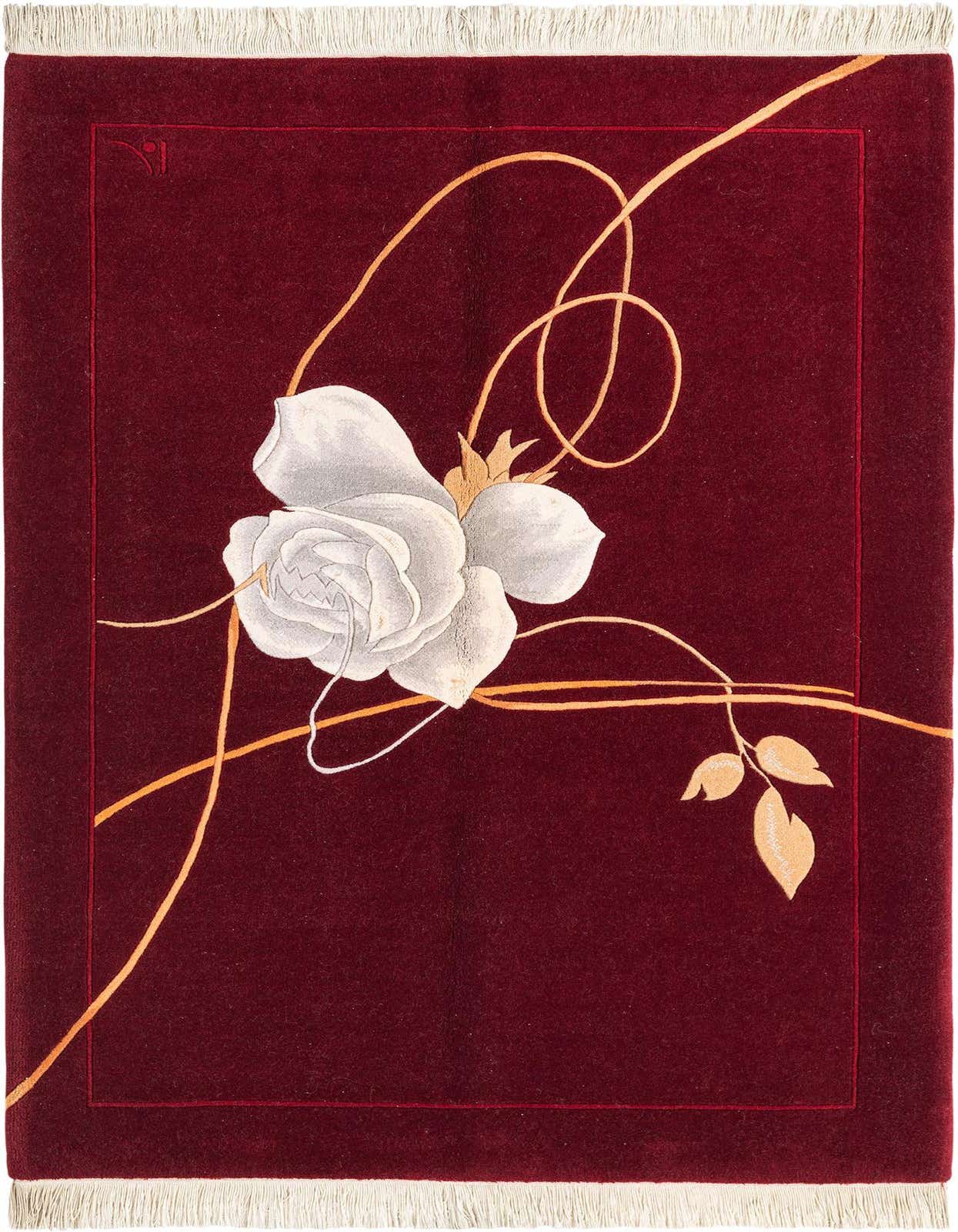 A 3x5 rectangular Darya rug with a deep red background, featuring a large white rose and delicate gold swirling lines and leaves.