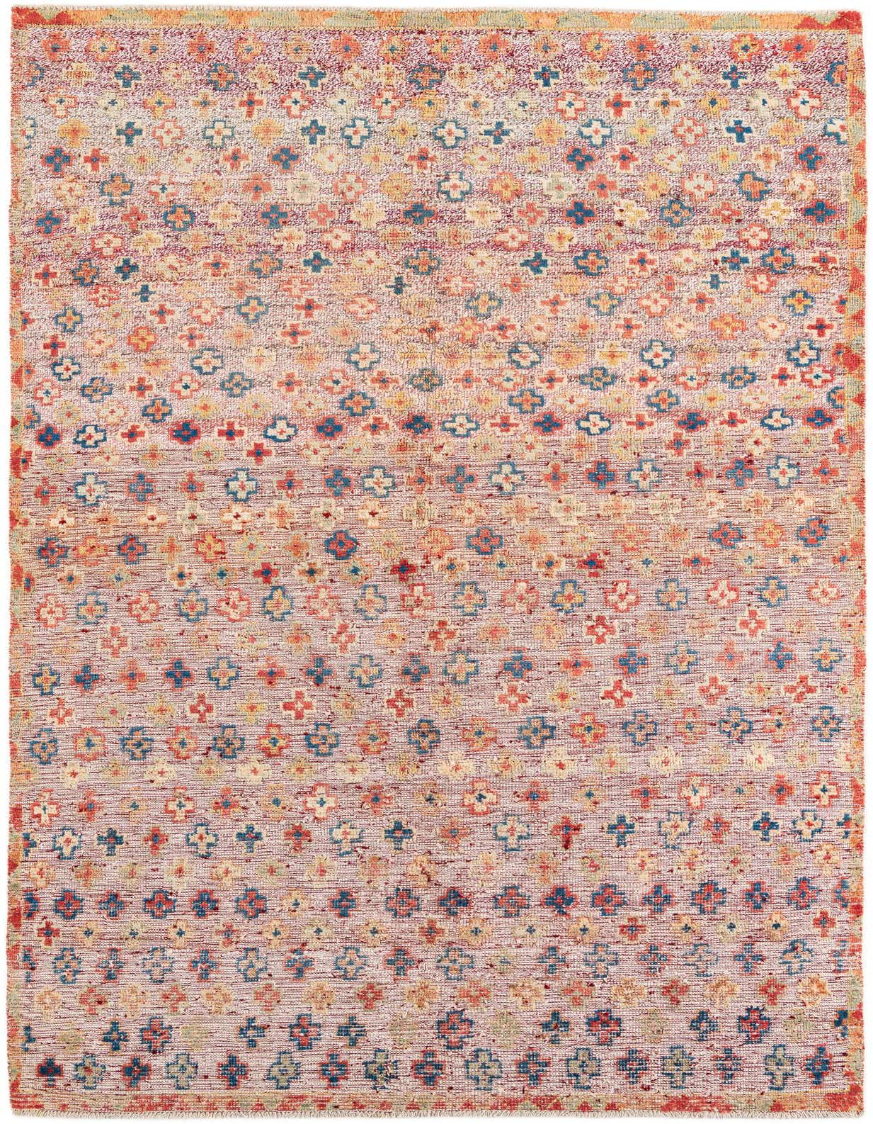 A 7x10 rectangular Darya rug in shades of red, blue, and yellow with a modern floral pattern, suitable for a living room.