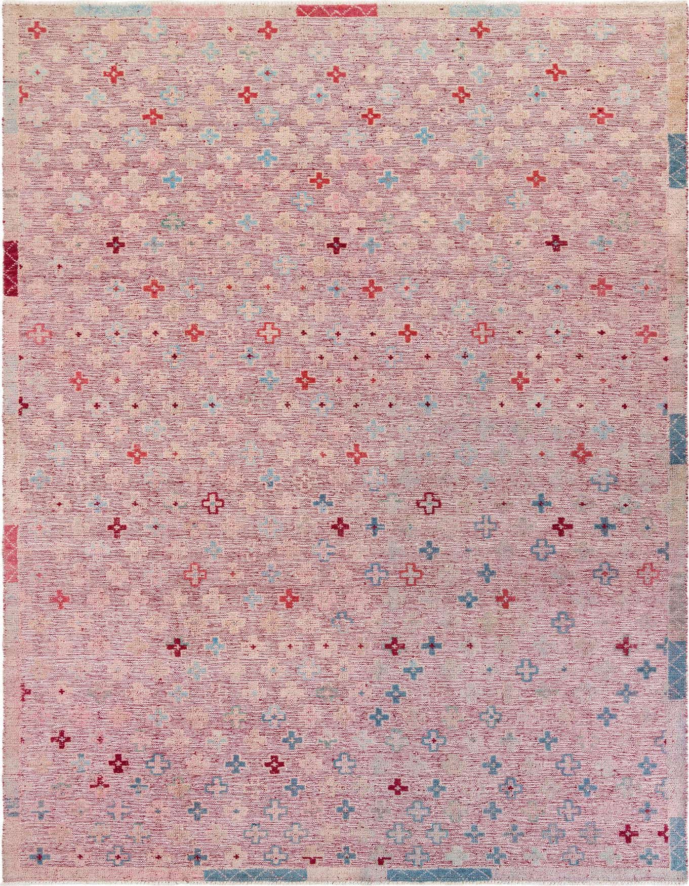 A rectangular 8x12 Darya wool rug in shades of red, featuring a modern pattern of small, scattered cross-like motifs.