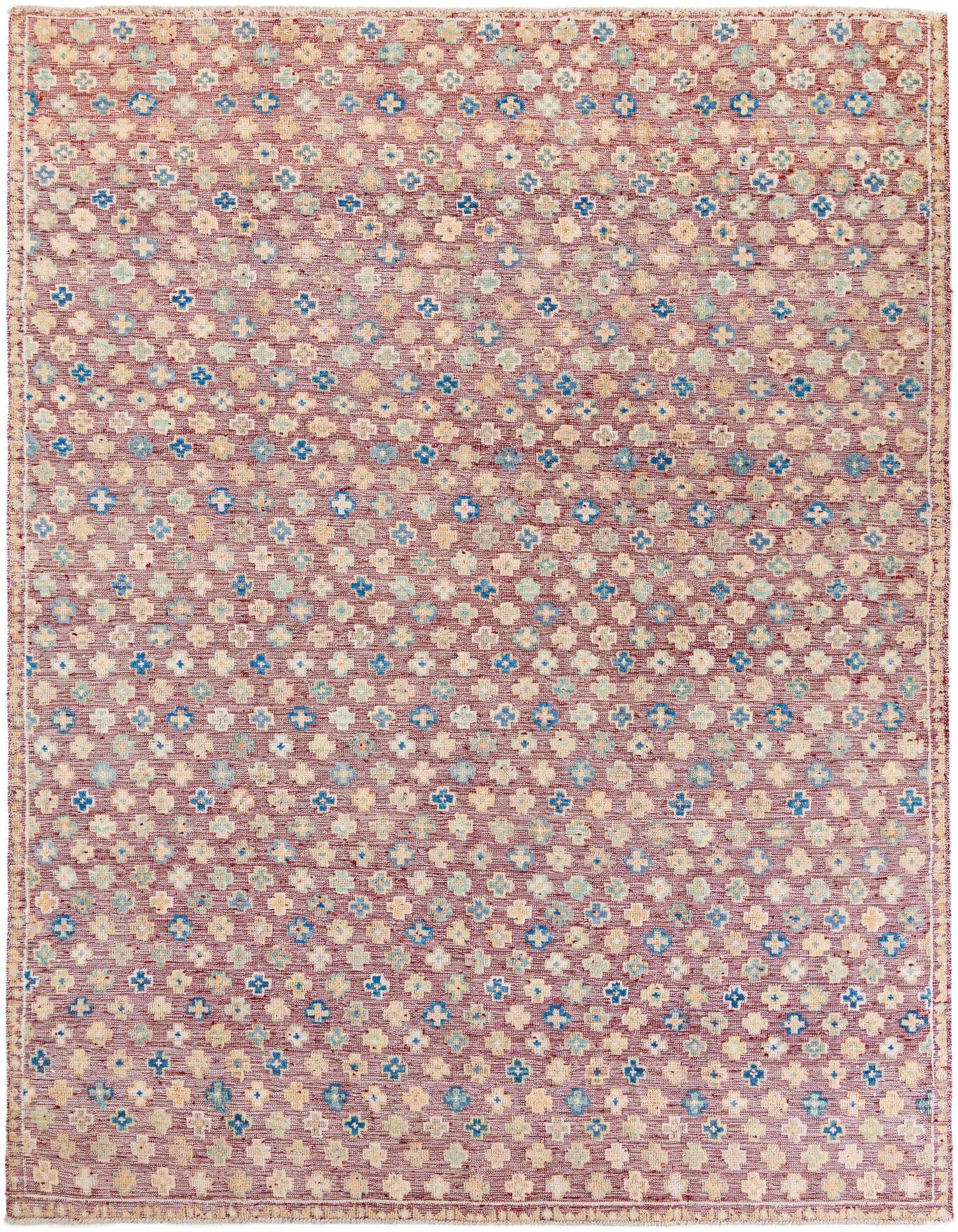 A 9x12 rectangular Darya rug with a modern abstract pattern in shades of red, blue, and cream.