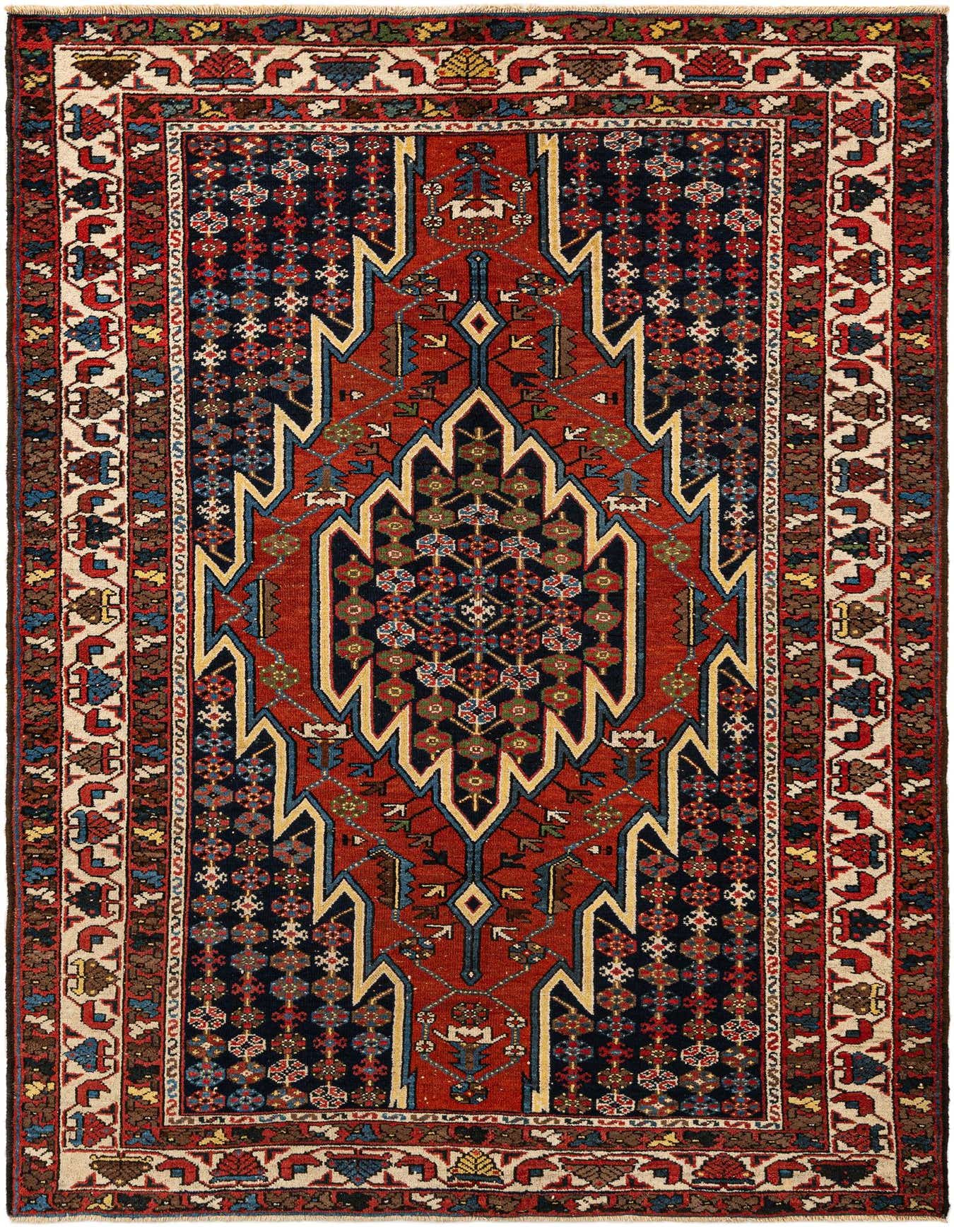 A 4x6 rectangular Djosan rug with a central red medallion and intricate geometric patterns on a dark blue field, framed by a cream and red border.