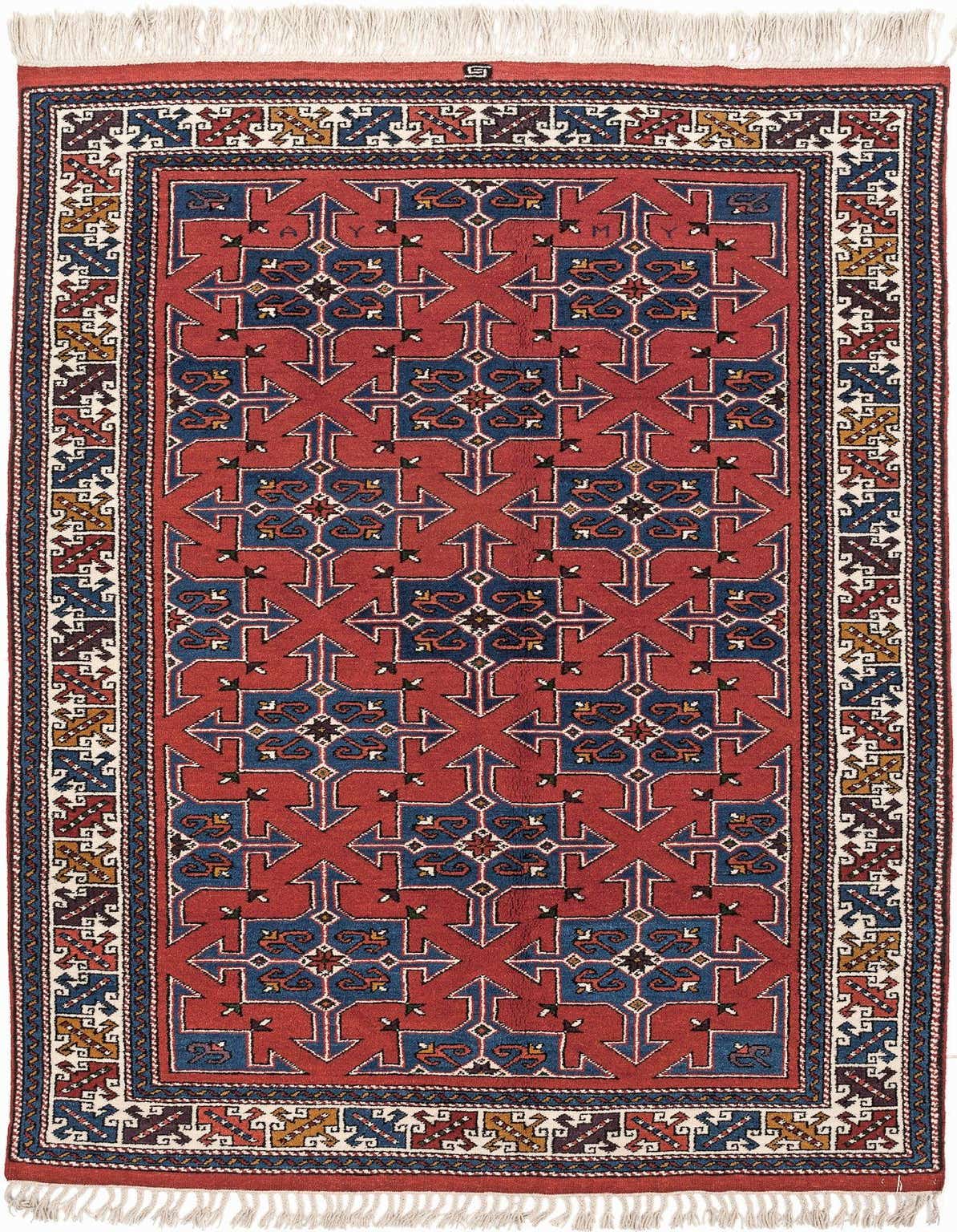 A 4x6 rectangular Dobag rug featuring a rich red field with intricate blue, white, and gold geometric patterns and a decorative border.