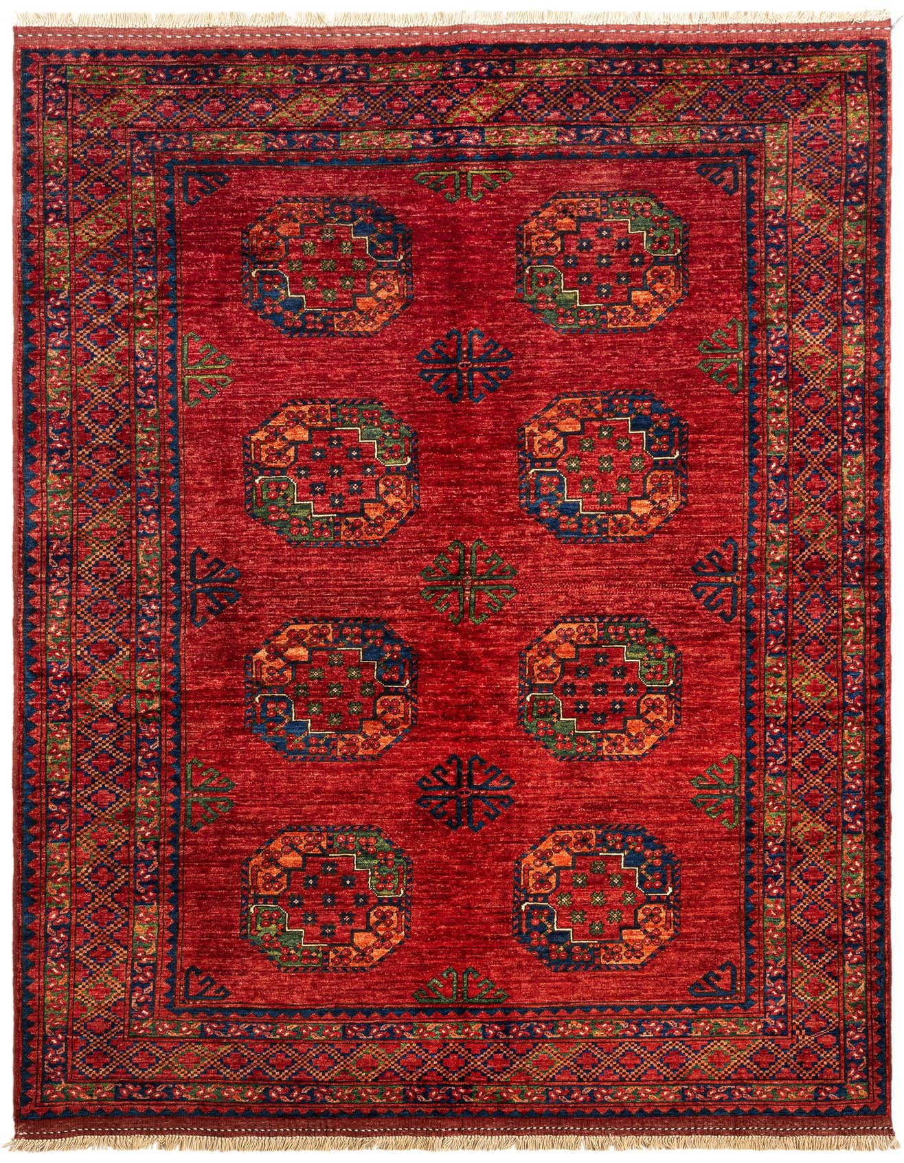 A 5x8 rectangular Ersari Afghan rug in rich red with intricate Persian tribal patterns in blue, green, and orange.
