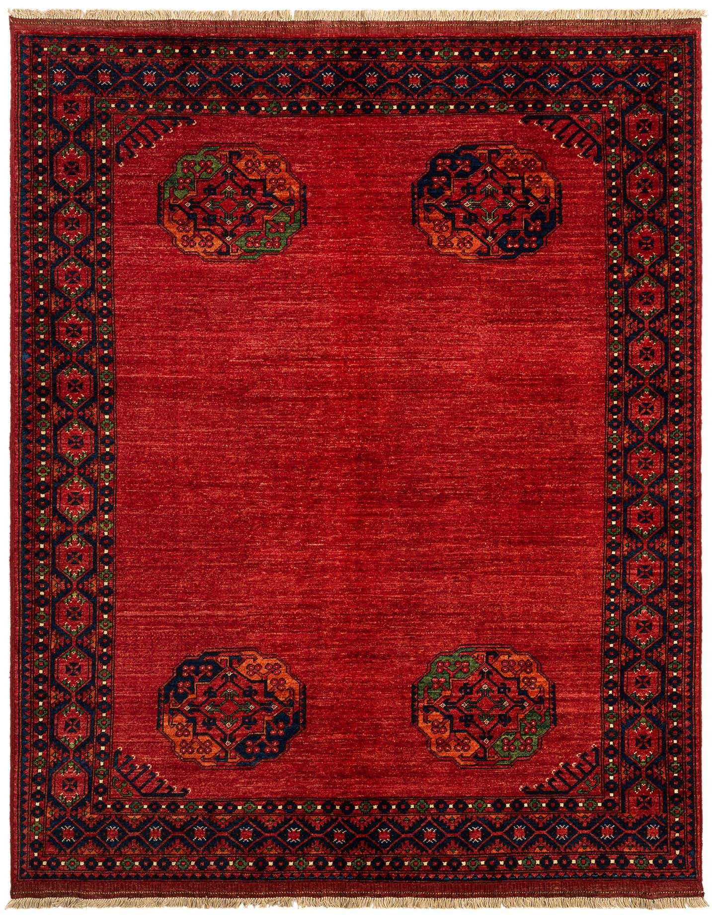 A 5x8 rectangular Ersari Afghan rug in deep red with a tribal border and four ornate medallions.