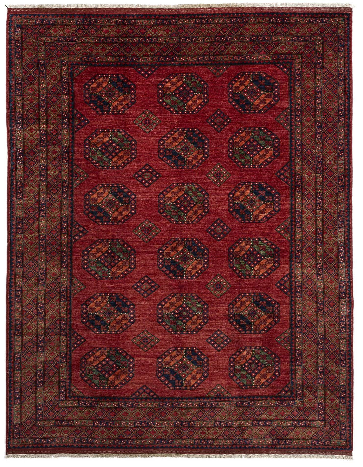 A rectangular 8x11 Ersari Afghan rug in deep red with traditional tribal patterns and a detailed border, suitable for indoor living spaces.