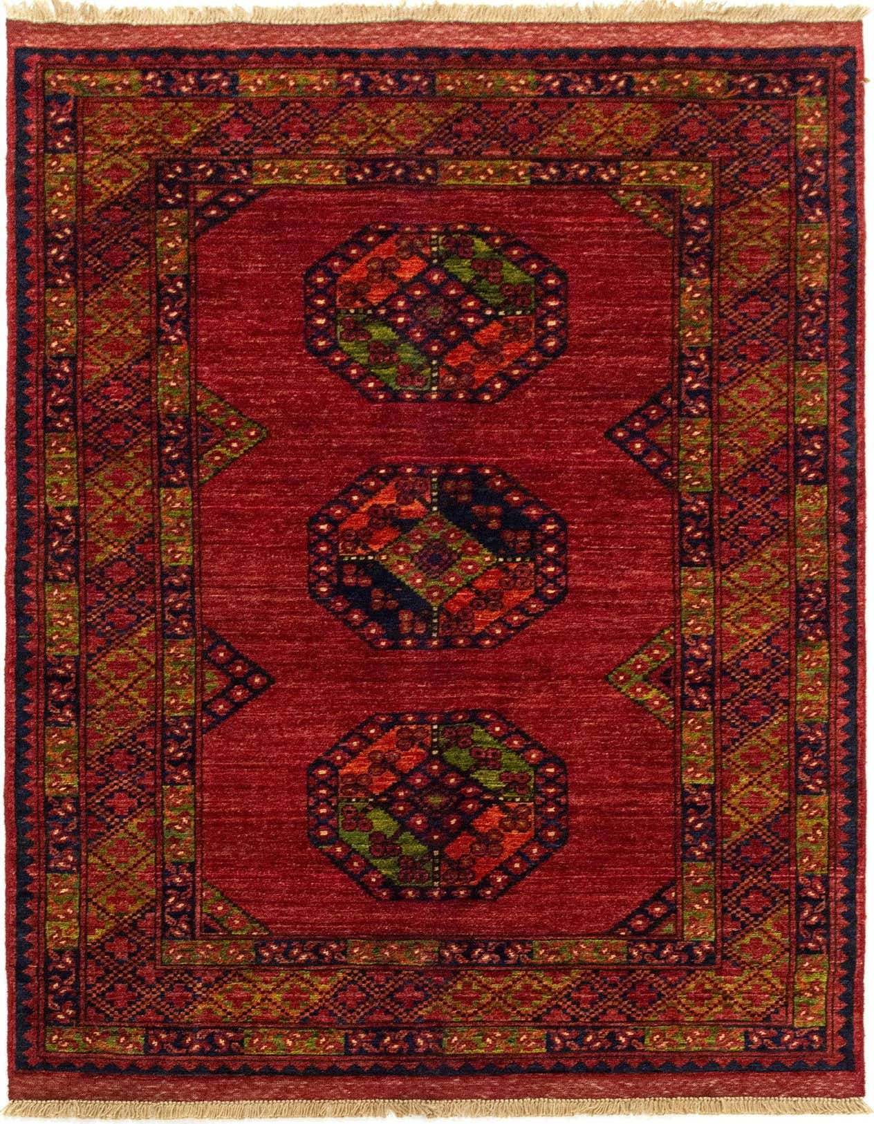 A 7x10 rectangular red Ersari Afghan rug featuring three central tribal medallions and intricate Persian patterns, perfect for a living room.