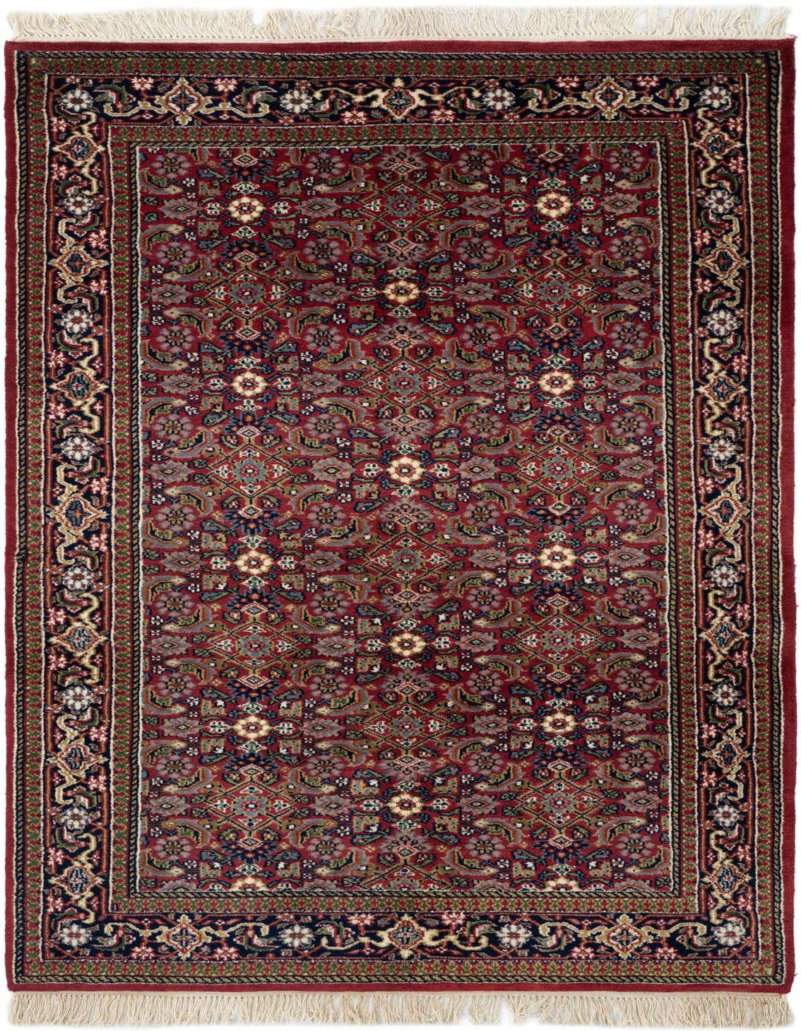 A 4x6 rectangular Farahan wool rug with a rich red background and intricate traditional floral patterns, featuring a dark border and white fringe.