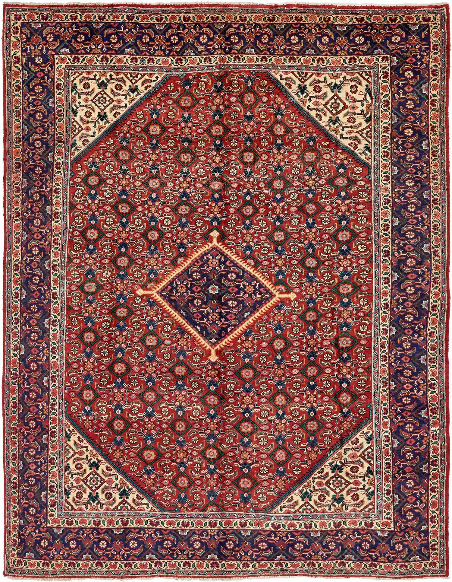 A 10x13 rectangular red Persian rug with a central medallion and intricate floral patterns, ideal for a living room.