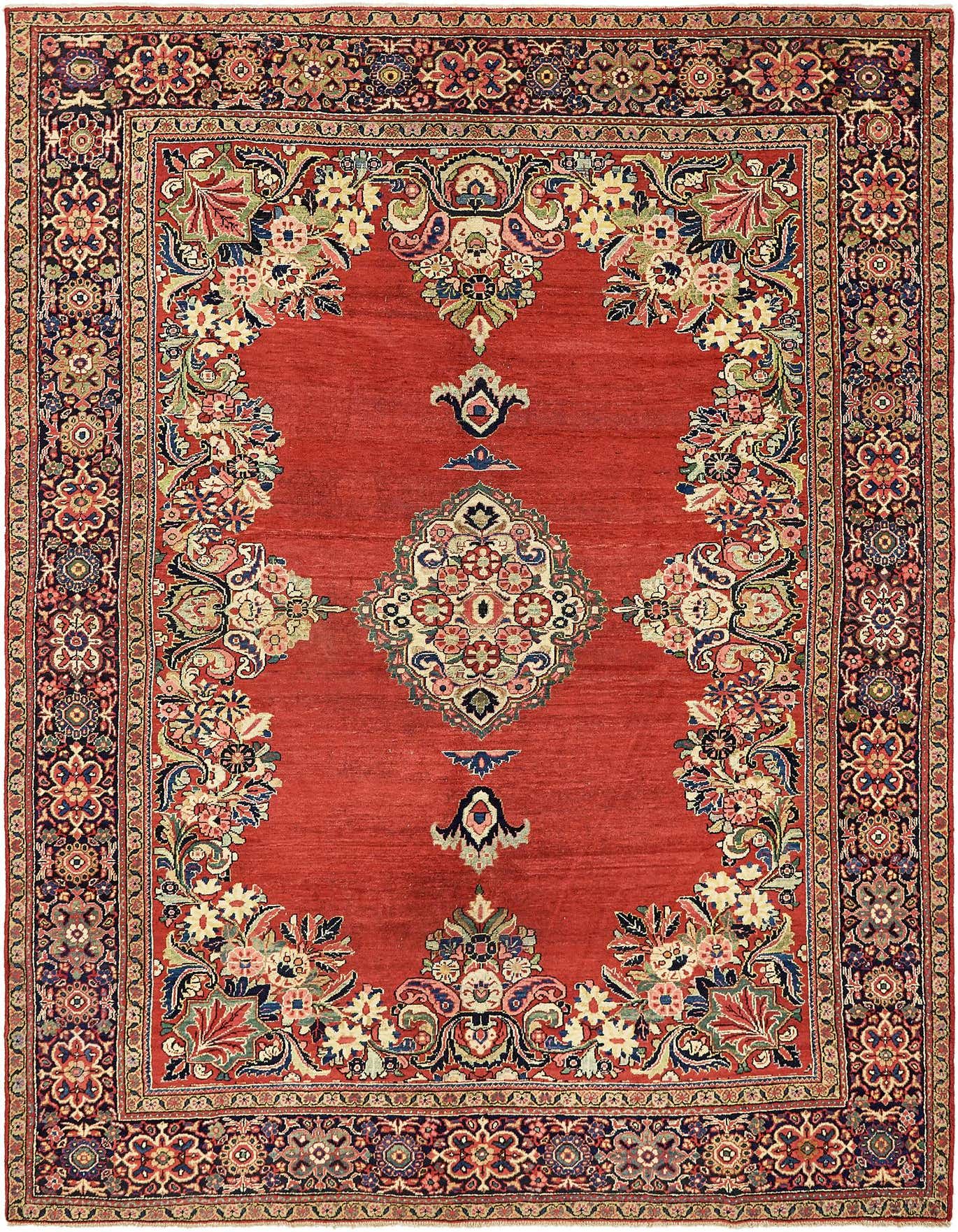A 9x12 rectangular red Persian wool rug with an intricate botanical medallion pattern, ideal for a living room.