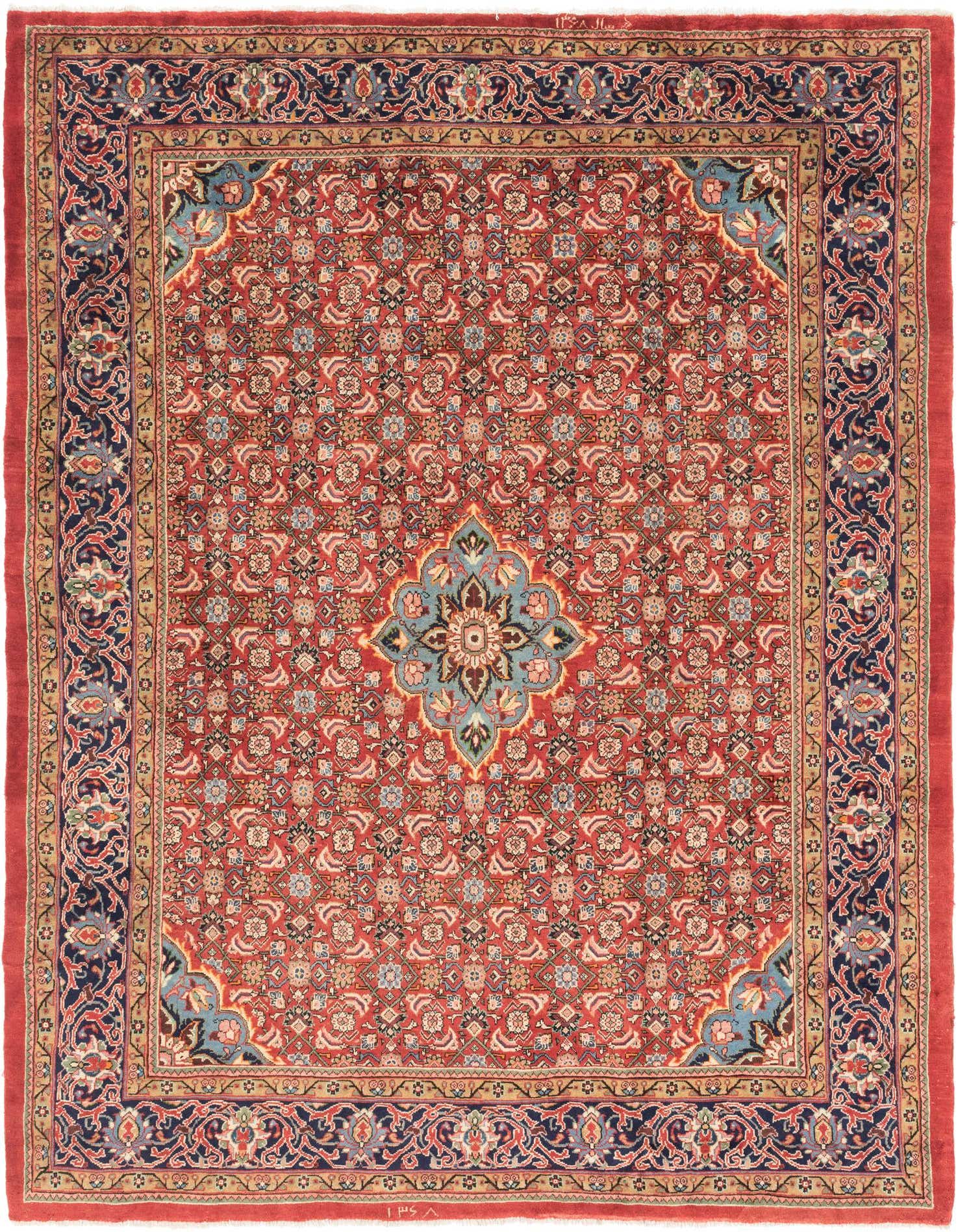 A 10x13 rectangular red Persian rug with a central medallion and intricate floral patterns, ideal for a living room.