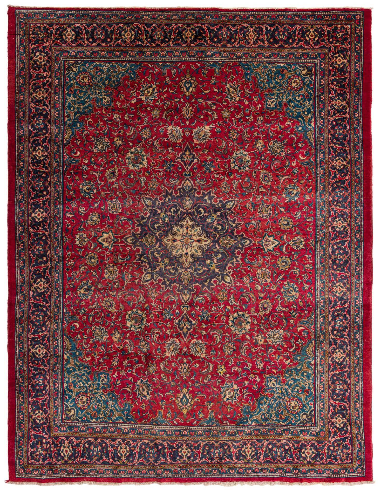 A 10x13 rectangular red Persian wool rug with a central medallion and intricate floral patterns in blue, gold, and cream.