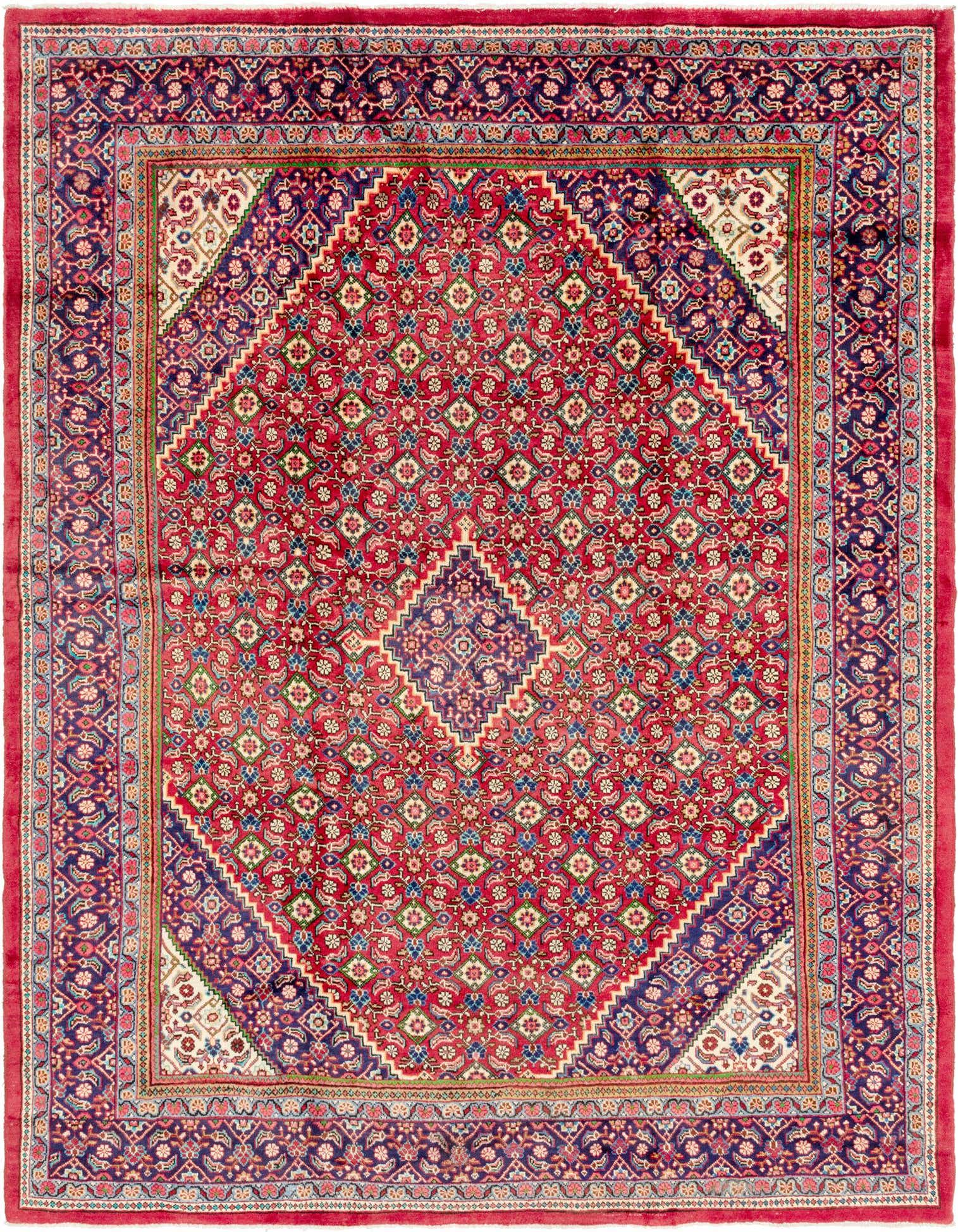 A 10x13 rectangular red Persian rug with a traditional medallion pattern and intricate floral details in blue, green, and cream.