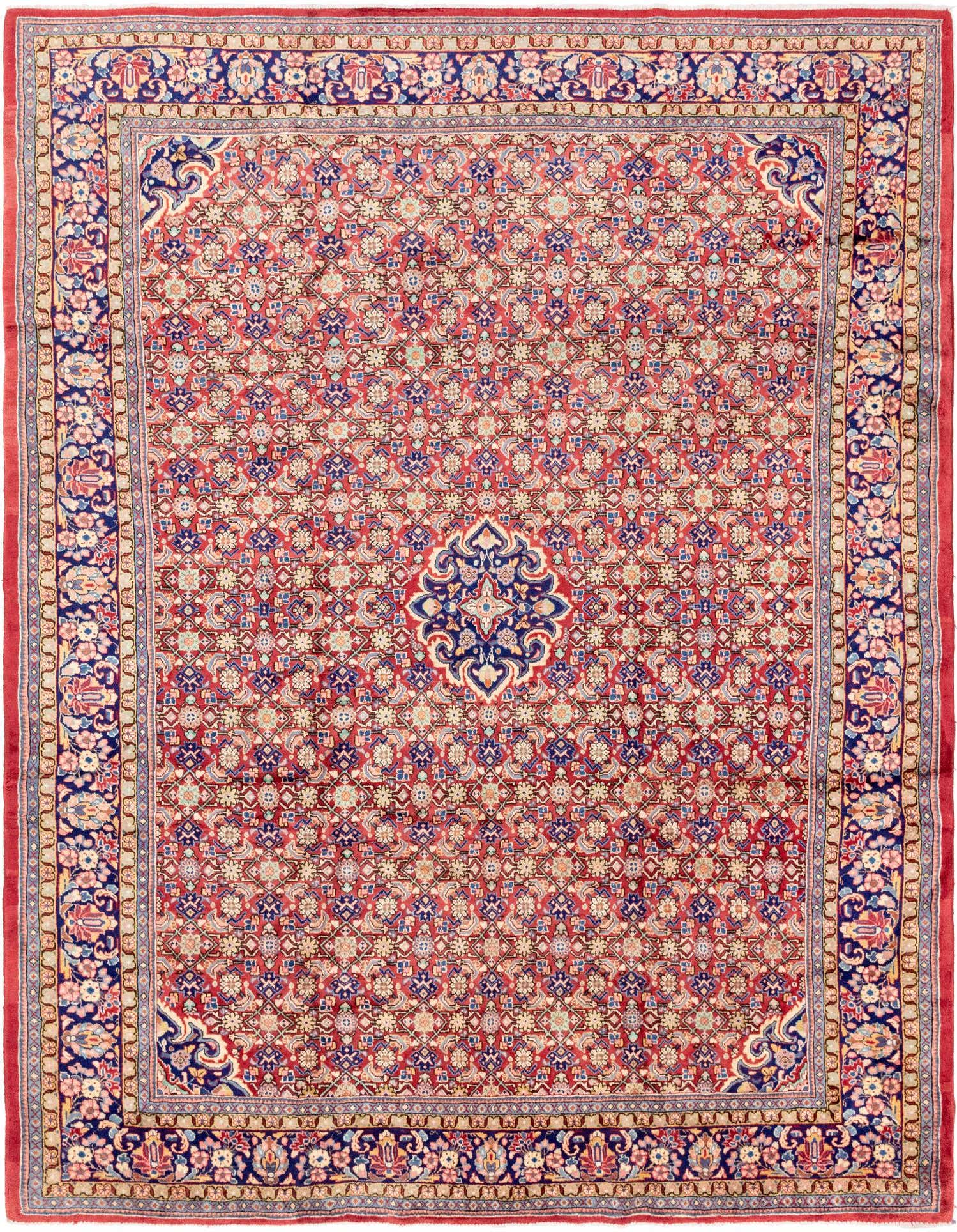A 10x13 rectangular Farahan rug featuring a red field with intricate floral and medallion patterns in blues and creams.