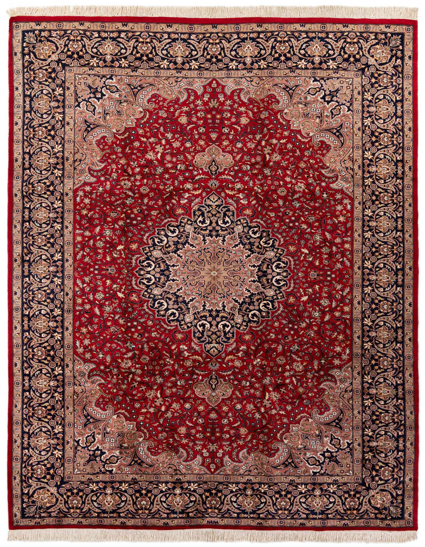 A 9x12 rectangular Farahan rug featuring a rich red field with an ornate central medallion and intricate floral patterns in navy and gold.