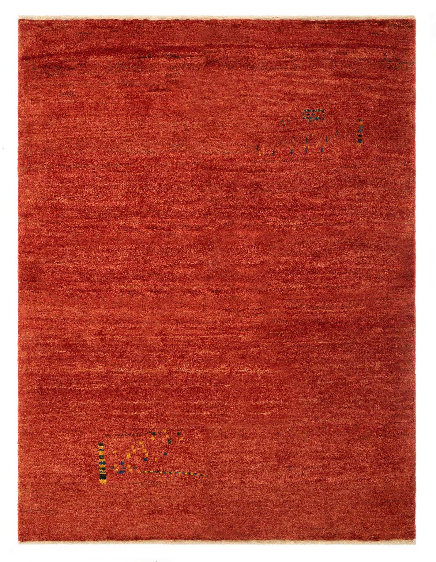 A 4x6 rectangular red wool rug with a medium pile, featuring subtle modern Persian-style abstract patterns in blue and yellow.