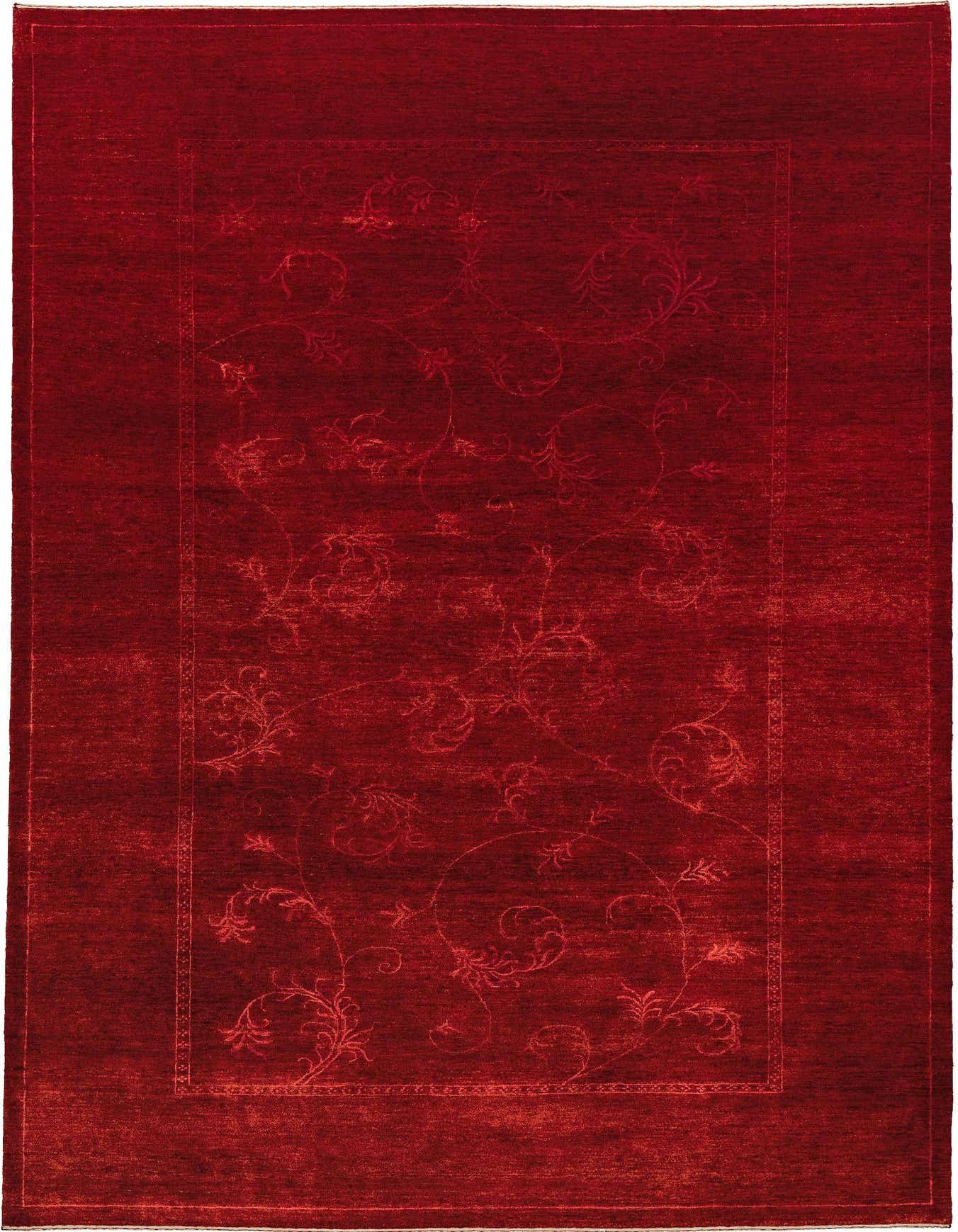 A 6x9 rectangular red Gabbeh rug made of wool and silk, featuring a subtle modern floral pattern.