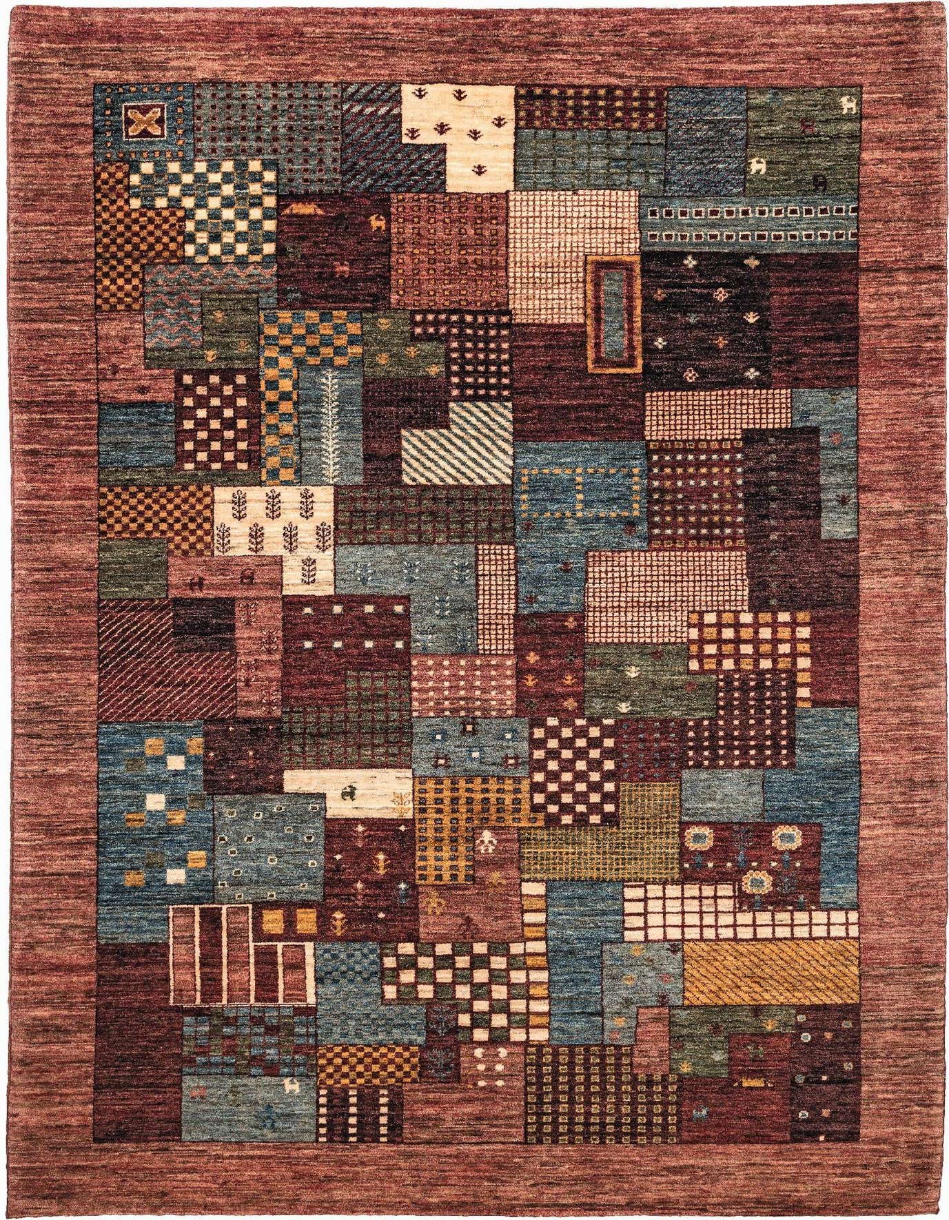 A 6x9 rectangular Gabbeh rug featuring a modern patchwork design in various shades of red, blue, green, and cream, with a solid red border.