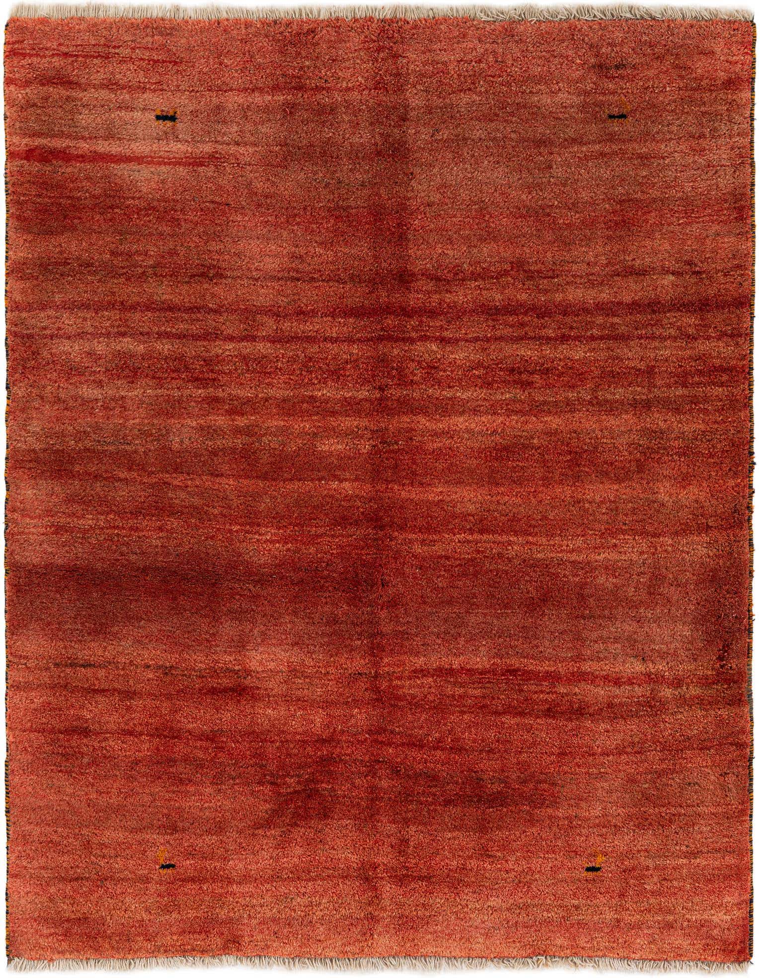 A 5x7 rectangular Gabbeh rug in varying shades of red with a subtle striped pattern and small black accents.