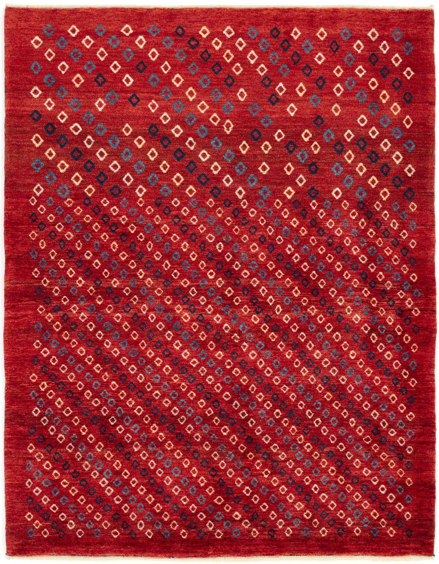 A 3x5 rectangular Gabbeh Shouli rug featuring a rich red background with a modern Persian pattern of small blue, navy, and cream diamond shapes.