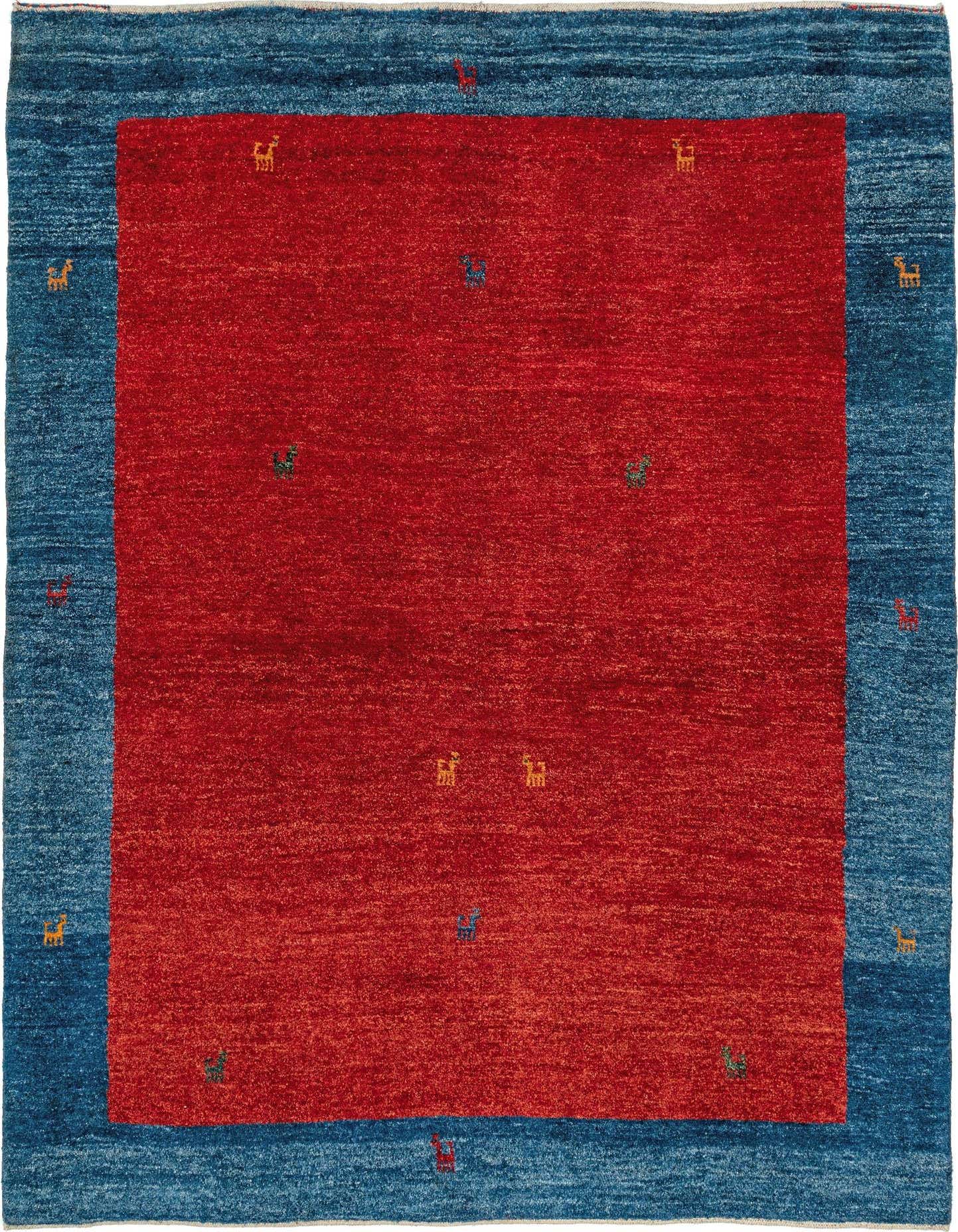 A 5x8 rectangular Gabbeh Shouli rug with a vibrant red center and a wide blue border, featuring small, colorful, abstract animal motifs.