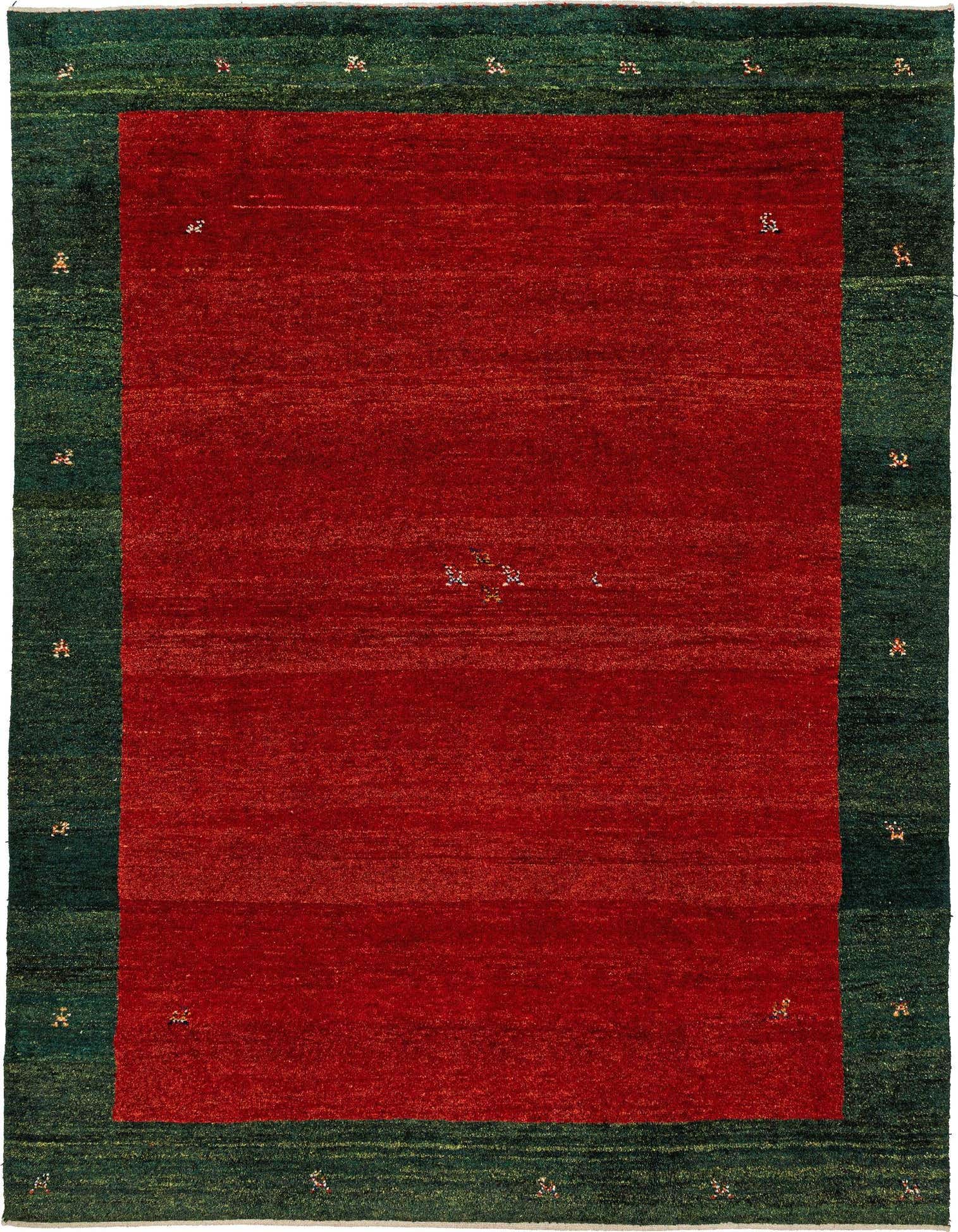 A 4x6 rectangular Gabbeh Shouli rug with a deep red center and a dark green border, featuring small, colorful, abstract motifs.