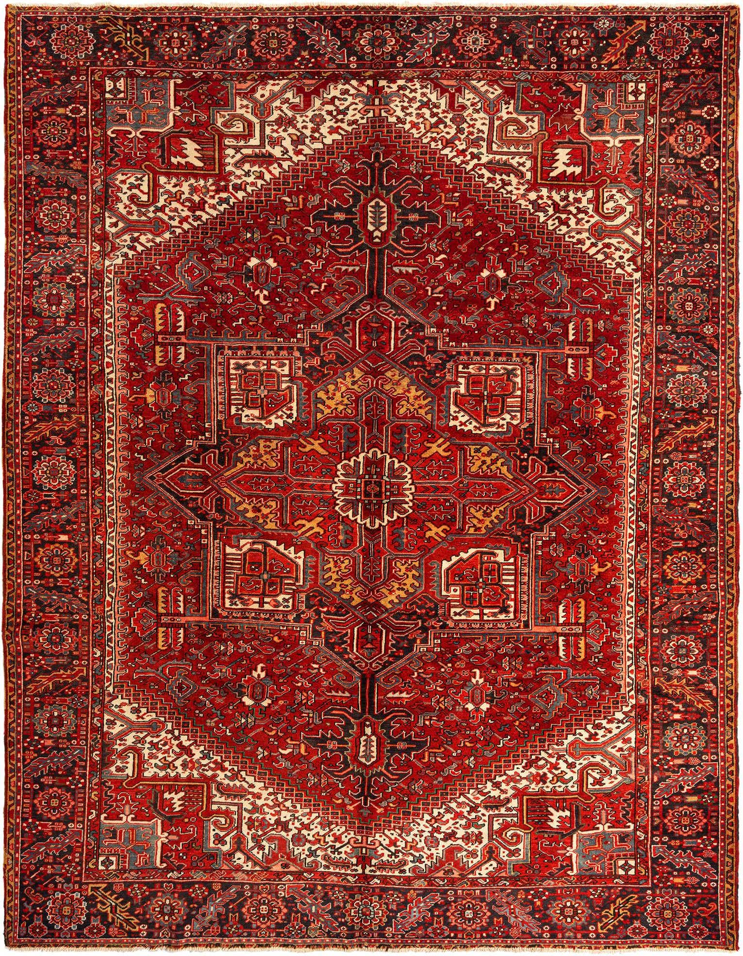 A 10x13 rectangular Persian Gharajeh rug with a dominant red field and intricate tribal patterns in cream, gold, and dark blue.