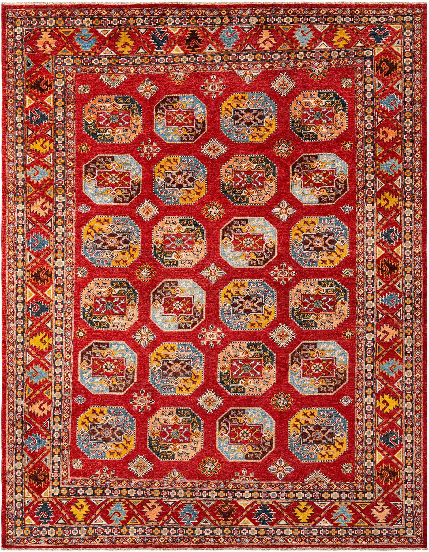 A vibrant 8x11 rectangular Ghazni Diyar rug with a rich red field and a repeating pattern of colorful octagonal medallions and geometric borders.